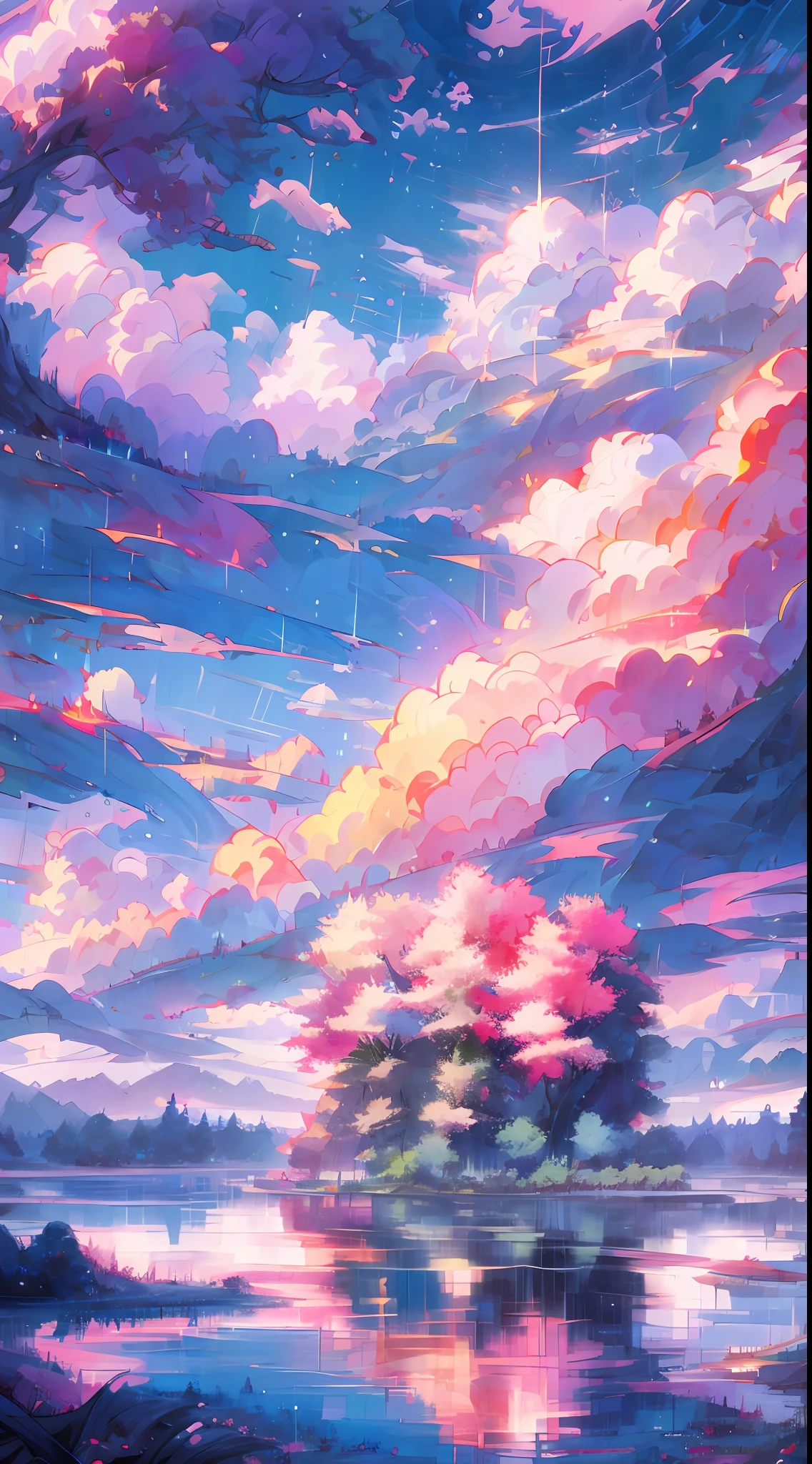 A surreal masterpiece，It presents beautiful and spectacular views in cool colors。Clouds form the background，Accompanied by the moon and fantastic sky reflections。The beautiful sky blends in with the colors of the clouds，Like a blue flame。This 8K picture creates a fantastic atmosphere，Colorful clouds are suspended in it，Create surreal visual experiences