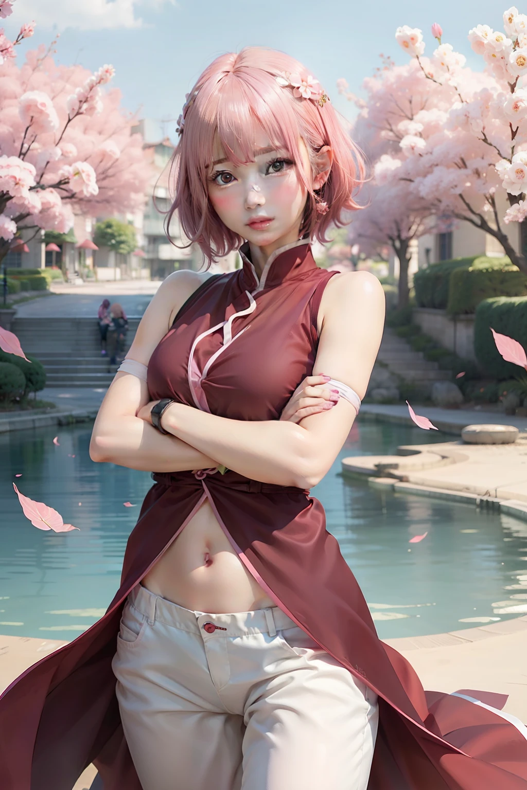 1girl, haruno sakura, pink hair, short hair, green eyes, red clothes, home background, realistic, ultra detail