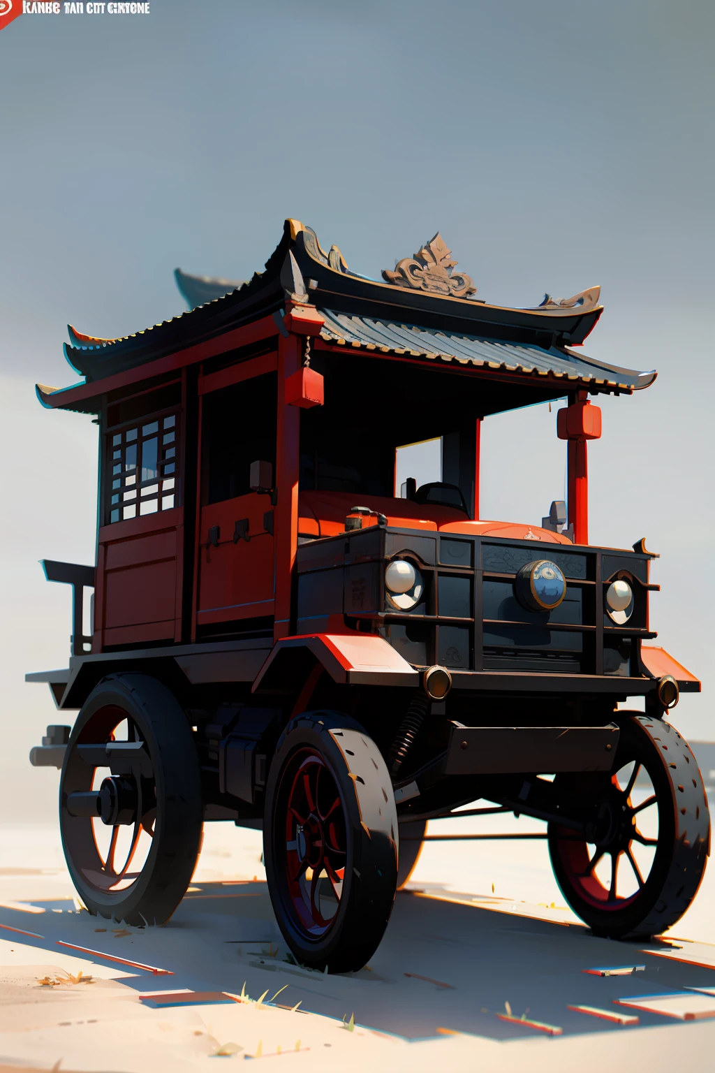 Ancient Chinese carriages combined with modern vehicles,Rubber tires,3D octane rendering concept map。