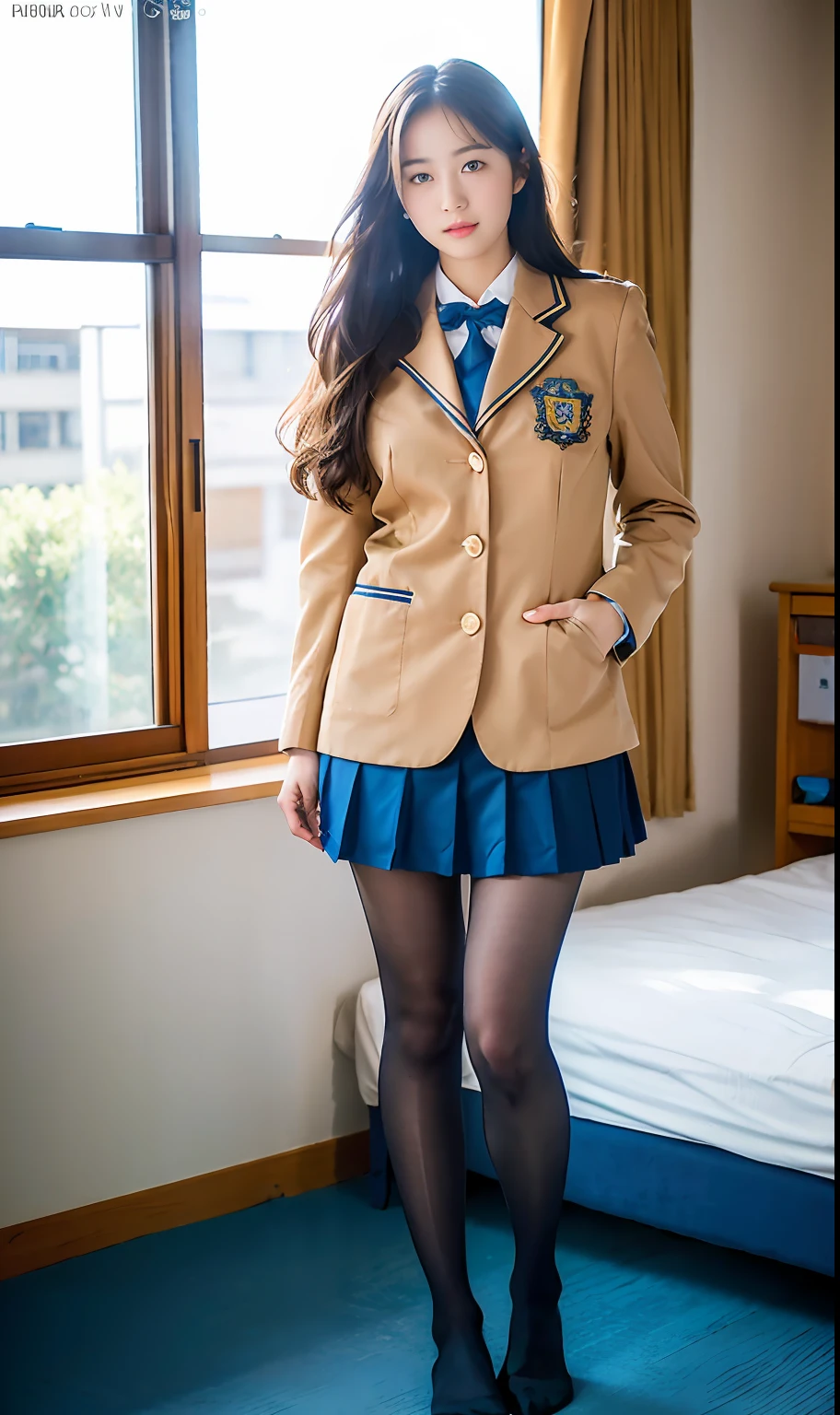 Full body view, feet in view, no shoes, ulzzang-6500-v1.1, (Raw photo:1.2), (Photorealistic:1.4), Beautiful detailed girl, Very detailed eyes and face, Beautiful detailed eyes, Ridiculous, Incredibly ridiculous, Ultra detailed, High resolution, Very detailed, Best quality, Masterpiece, ((Japan girls' high school uniform)), pantyhose, no shoes, at home in bedroom, by the window and outside the blue sky, unified, 8k wallpaper, fantastic, fine detail, masterpiece, top quality, highly detailed cg uniform 8k wallpaper,movie lighting, 16 year old girl, (dynamic pose))), (camel toe), (standing upright)), no shoes