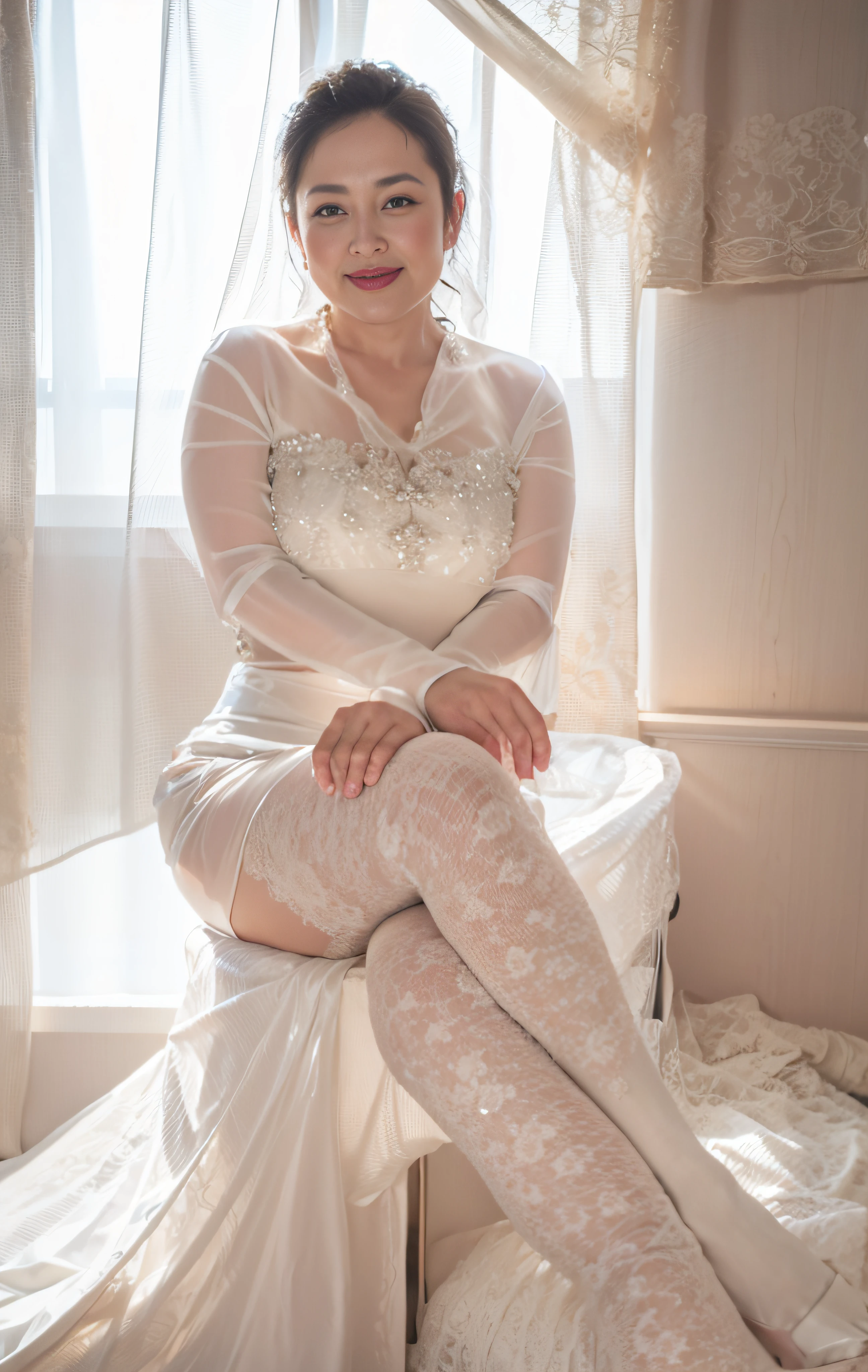 48-year-old woman,48yo,see-through transparent clothes,wedding gown,Transparent wedding dress,Have large,Fine cleavage