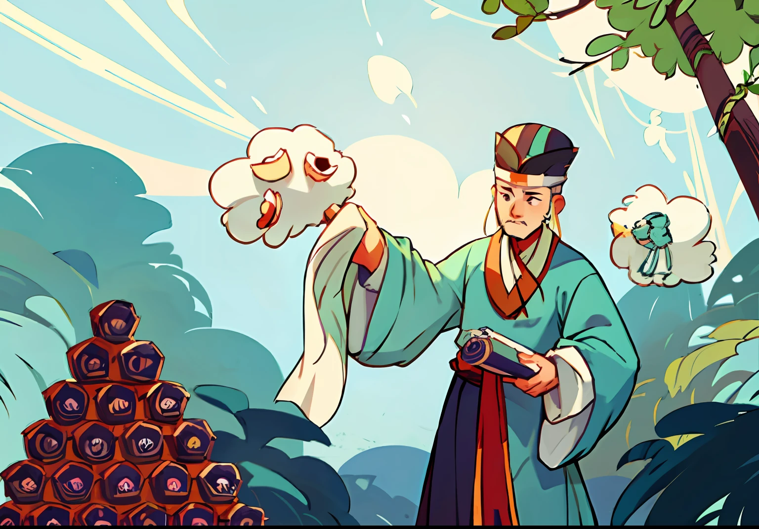 a drawing,A man in a robe and hat holds a piece of paper, Inspired by the Guan nobility, inspired by Emperor Huizong of Song, inspired by Dong Yuan, inspired by Gu An, inspired by Lü Ji, Wearing ancient Chinese clothes
