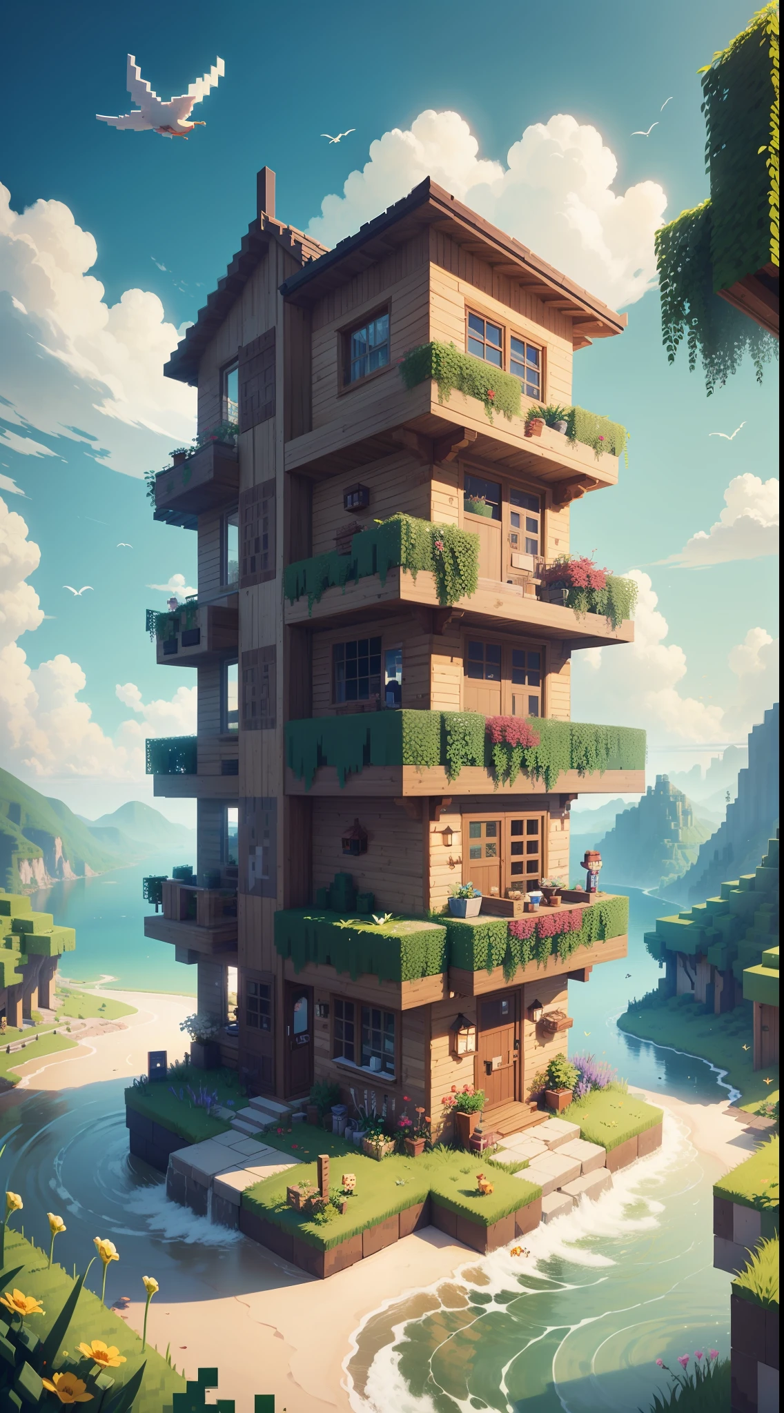Welcome to the world of Minecraft with its captivating and charmingly simple pixel atmosphere. As you step into this world, you'll be mesmerized by the colorful scenery of pixel blocks forming the environment around you.
The bright blue sky adorns the heavens, with soft white clouds gently drifting in the distance. The sunlight illuminates the land and trees with warm colors, creating a comfortable and peaceful ambiance.
As the sun starts to set, the sky transforms into beautiful shades of orange and purple. Glittering pixel stars begin to appear one by one, adding enchantment to the night sky.
You walk amidst pixelated fields, surrounded by charming creatures that may look simple but exude their own unique charm. Some pixelated wolves play around, while pixel birds chirp happily in nearby trees.
Occasionally, you hear the gentle sound of flowing water, signaling the presence of a river or lake not far from where you stand. You feel the urge to explore and get a closer look at the natural wonders around you.
With a stack of simple blocks, you can build a humble yet charming pixel home. Perhaps a wooden cabin in the middle of the forest or a small hut atop a hill. The choices are only limited by your imagination.
In this simple pixel atmosphere, you experience peace and wonder in every corner of the Minecraft world. You don't need complex graphics to feel the joy and creativity as you embark on your adventure. Enjoy the magic of the pixel world within the game of Minecraft!