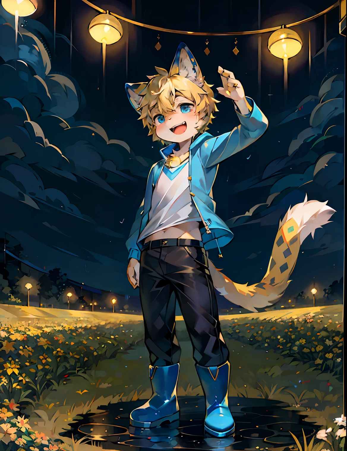 Field garden，A boy appeared wearing a shirt, a blue raincoat and black trousers，He was lovely，Has a large fluffy tail and cat ears。His short blonde hair was accompanied by a bunch of bells and headphones，Mouth slightly open，Happy play in the rain，There are no spots on him，The whole body is covered in a golden furry，Like a cute cub。He was alone，Pose in the rain，Show your entire body facing the camera。The blue rain boots he wears add a playful touch to his outfit。This lone boy is a masterpiece，Presented in high-quality portrait form。