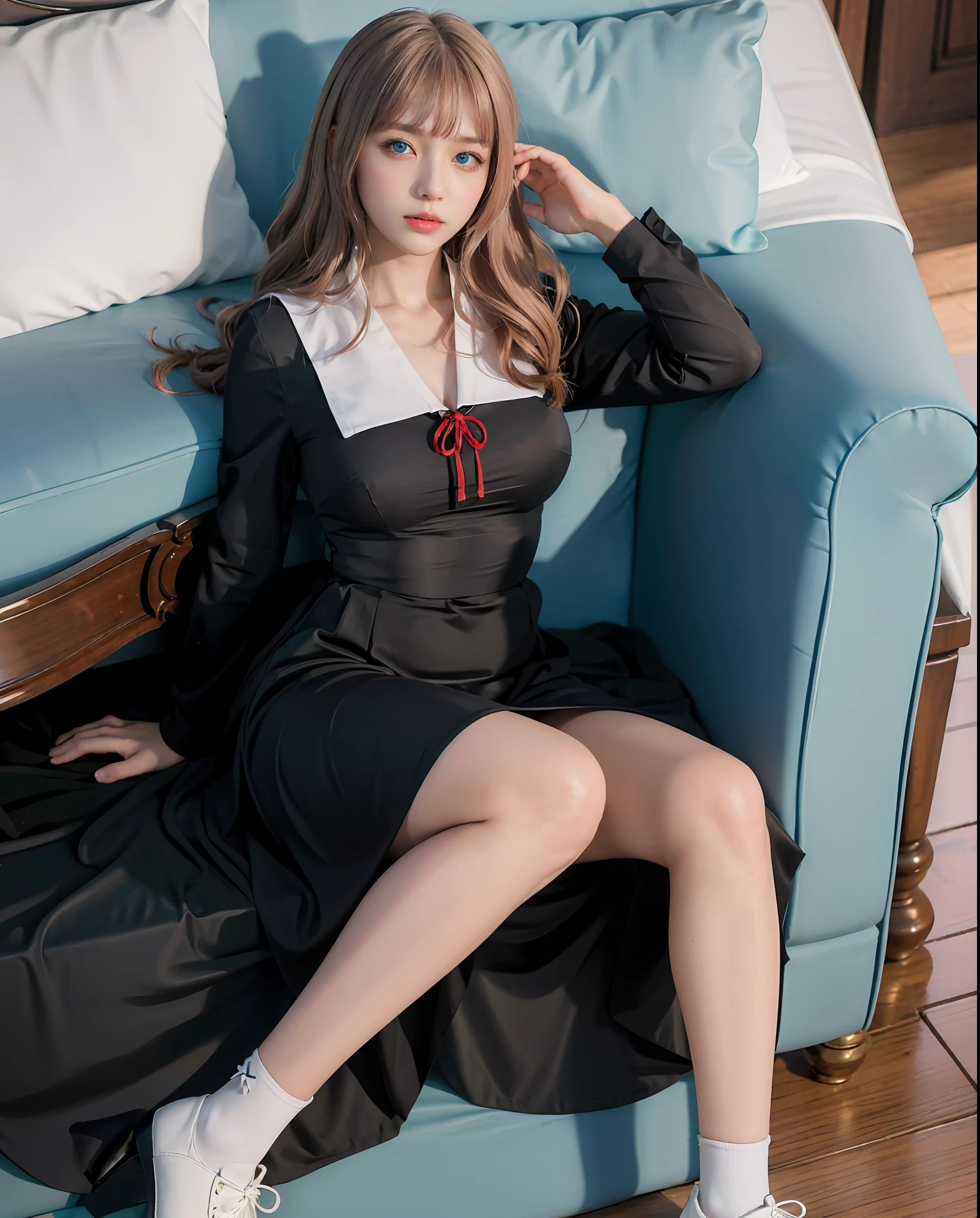 ChikaF, (masterpiece, best quality) 1girl, solo, beautiful girl, lying, (detailed beautiful eyes) full-body shot, legs, beautiful highly detailed blue eyes,