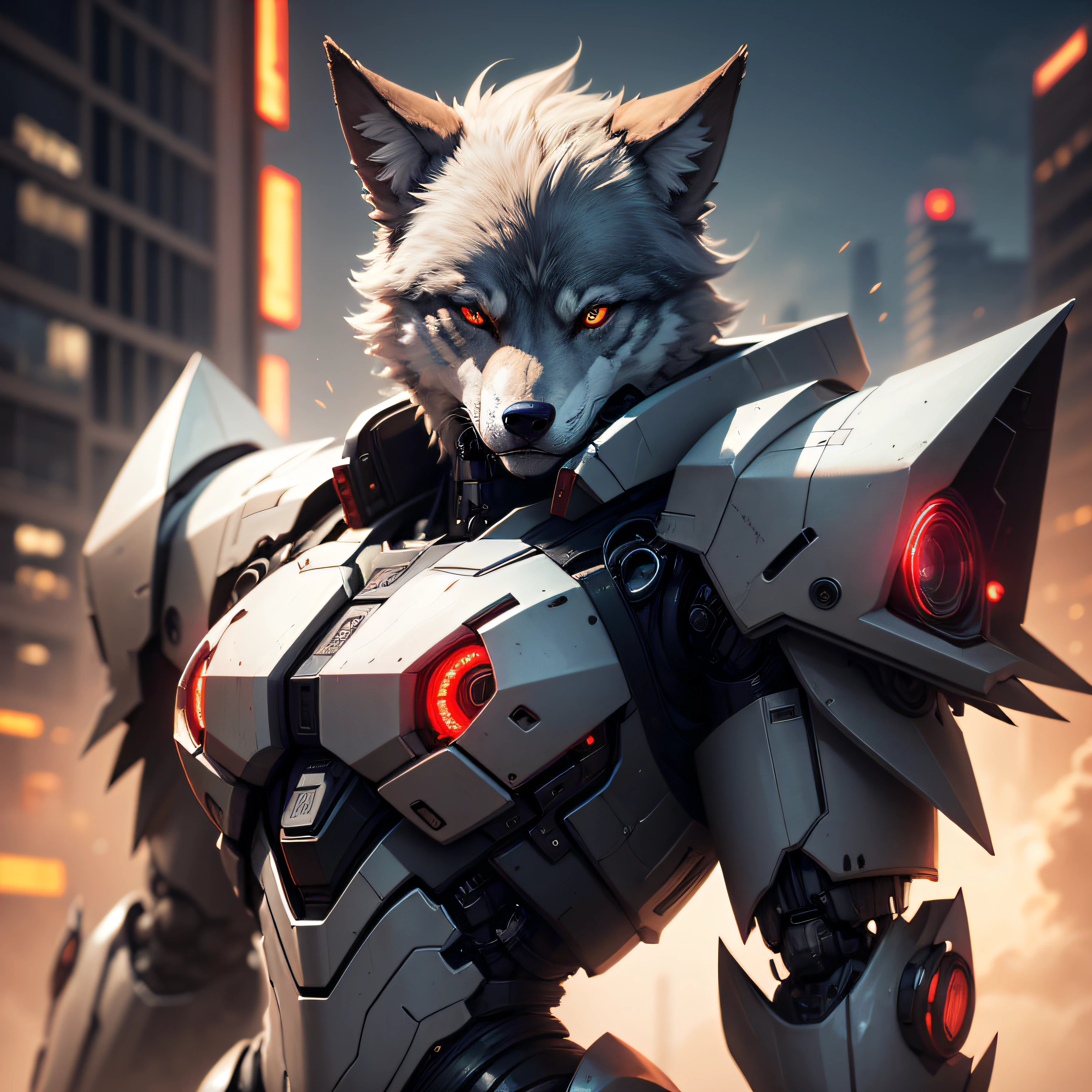 Anime - Artwork in the style of demonic monsters，eyes glowing, Robot Wolf Mech, Portrait of a cyborg wolf, Sharp and smooth half-machine wolf head, Sharp cyborg wolf head, Badass anime 8 K, Smooth mech head, Best anime 4k konachan wallpaper, Concept art wallpaper 4K, Digital cyberpunk anime art, Robot wolf head --auto