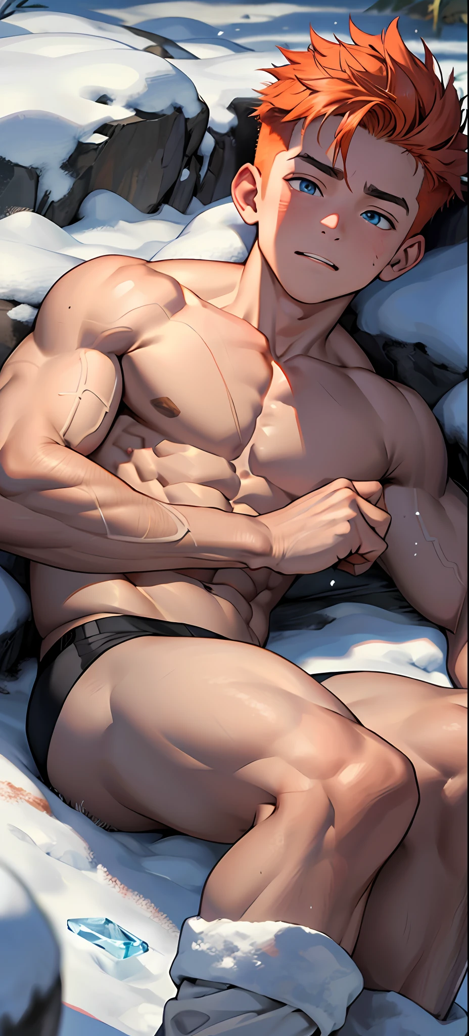 (masterpiece, best quality),1boy,(e boy,Kid's face,Juvenile faces),a baby dness),infancy,sideface,Naked lying flat in the snow,Lewd expression,,infancy,Young age,Short round face,Flat chin,Fine face in detail,Color ultra-fine thong panties,musculous,Short bright orange hair,Sky blue eyes,opens his eyes wide,复杂,full bodyesbian,nakeness,Lewdness,Thong teal ultra-fine underwear,Pectoralis abdominal muscles,White stockings,the night,vivd colour,(depth of fields:1.2),(abs),Lie flat on the snow,There are a lot of diamond-shaped ice cubes on the ground,cold temperature,A bottom-up perspective