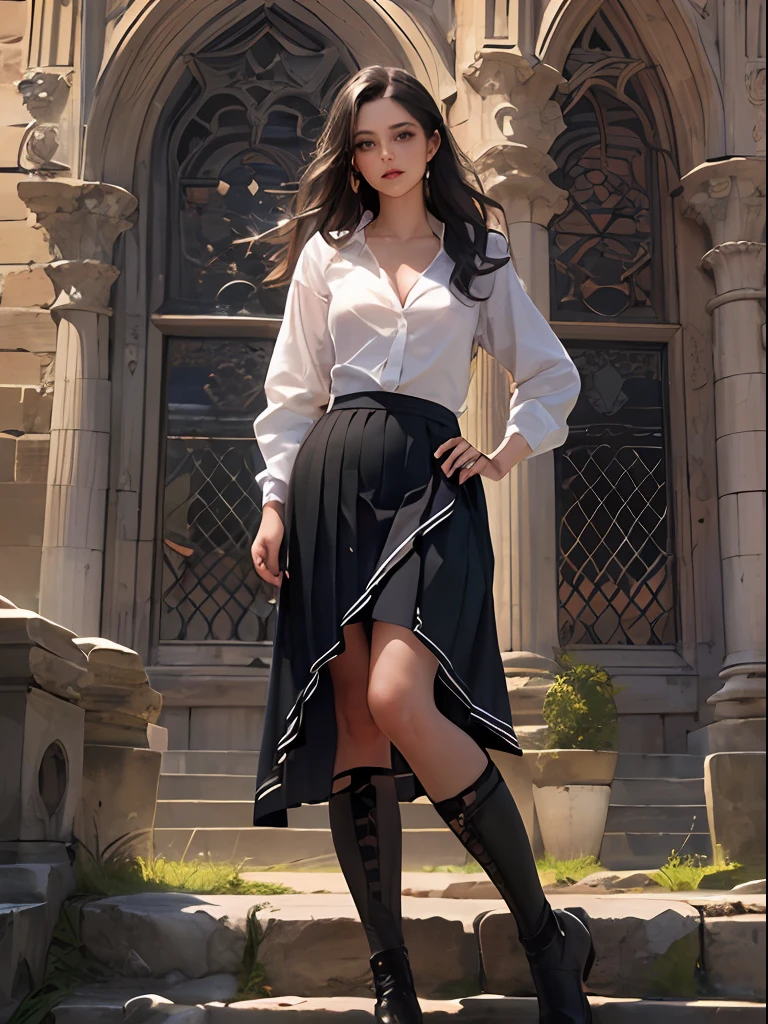 (bestquality, high-res, masterpiece :1.3), A tall and pretty woman, Slender abs, Dark brown hair styled in loose waves, White button up shirt, Black pleated skirt, (Medieval architecture in the background), Details exquisitely rendered in the face and skin texture, detailed eyes, fantasy