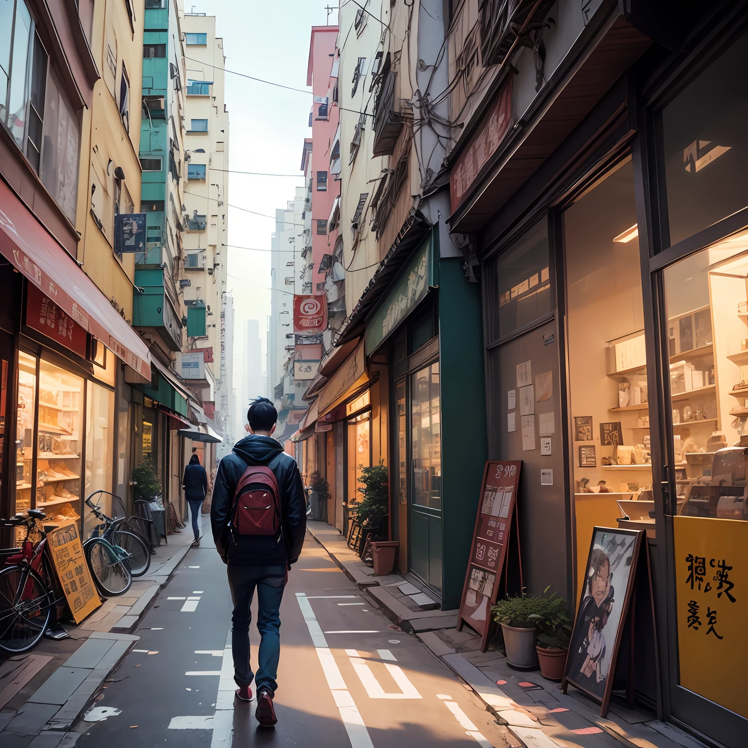 there is a drawing of a man on a street corner, Middle metaverse, inspired by Cui Zizhong, anime cover, tekkon kinkreet, artwork of a hong kong street, inspired by Zou Yigui, inspired by Zhang Zongcang, by Xi Gang, Wang Chen, at a city street --auto