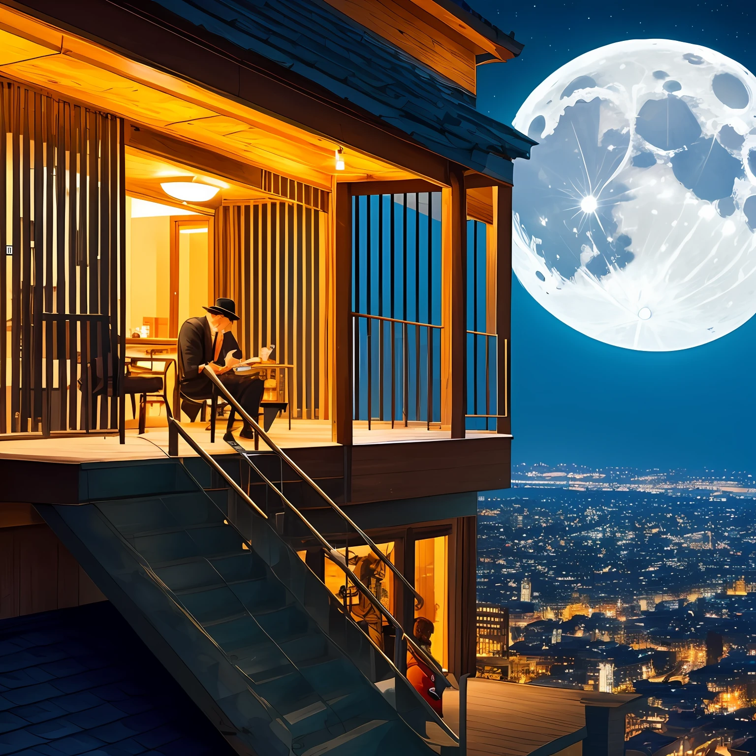 Rooftop night man cigarette liquor bottle moon