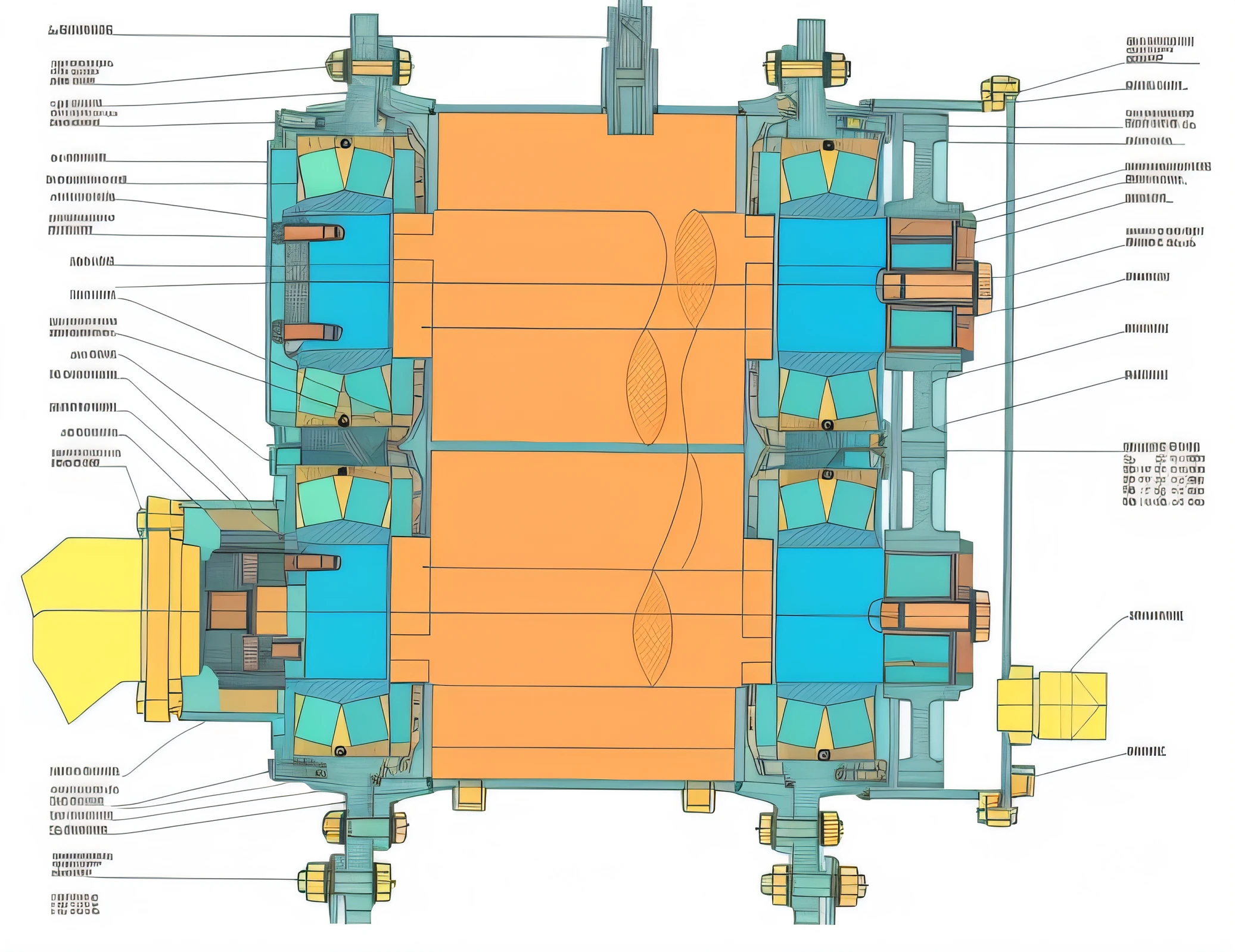 Schematic diagram of a large industrial building with a lot of detail, mechanical diagram, detailed mechanical design, cross section, assembly drawing, A high resolution, Mechanical details, Mechanical details, cut-away, Mechanical superstructure, technical detail, mechanical structure, technical drawings, non-pleated section, blueprint schematics, engineering diagram, rotary symmetrical, detailed line drawing,Different areas are filled with different colors
