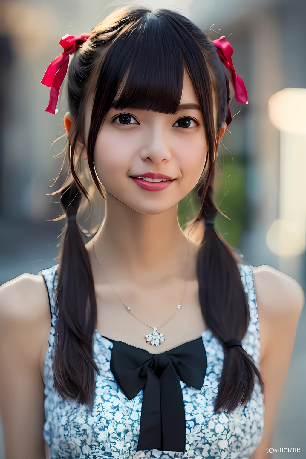 (4k, Best Quality, High Resolution:1.1), (Realistic, Photorealistic:1), Cute Girl With Flat Breasts, Asuka, (Cute:1.8), Cuties, Solo, (Flat Breasts:1.2), Detailed Black Eyes,Innocent Eyes, Blushing, Random Costumes, Masterpieces, Beautiful Lighting, Cinema Lights, Film Grain, Jewelry, Heart-Shaped Necklace, Earrings, Bangs, cherry colored lips, hair ribbon, ribbon, bow, hair bow, twin tails, staring at the beholder, long hair, upper body, open lips, upper teeth, (smiling eyes:0.6), depth of field, blurry background, eye focus, bokeh, 85mm lens, f/1.4 , professional lighting, photon mapping, radiosity, physically based rendering, high detail, masterpiece,