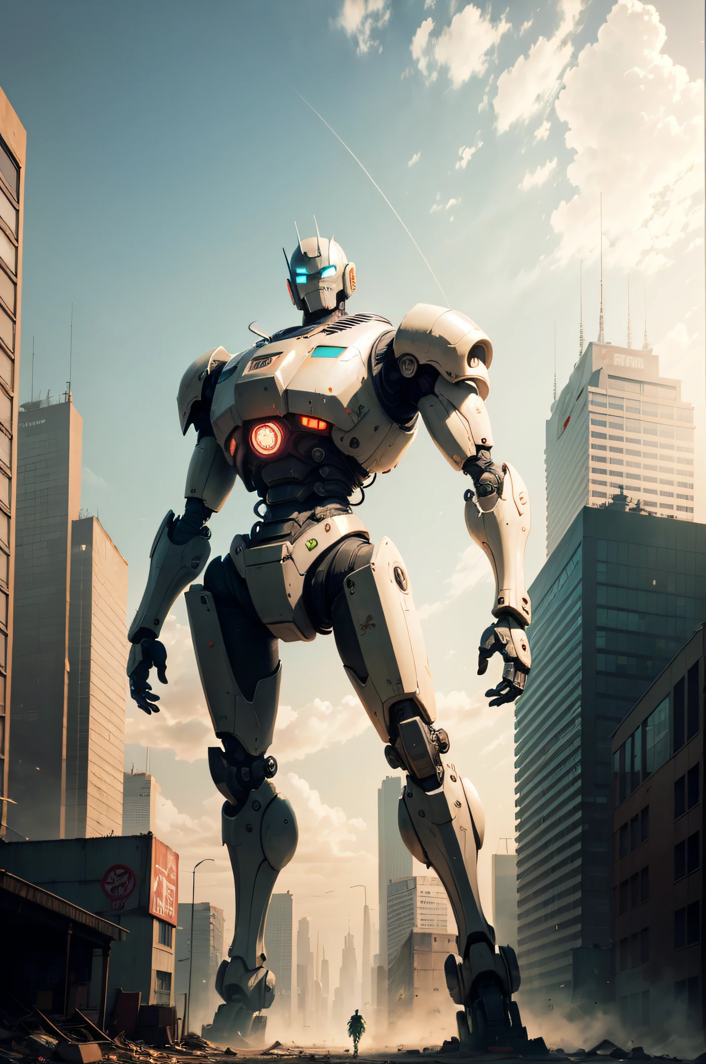 A tall robot,Run-down city,Doomsday style,Robot standing in the heart of the city,Look up at the camera,frontage,in style of hayao miyazaki --auto