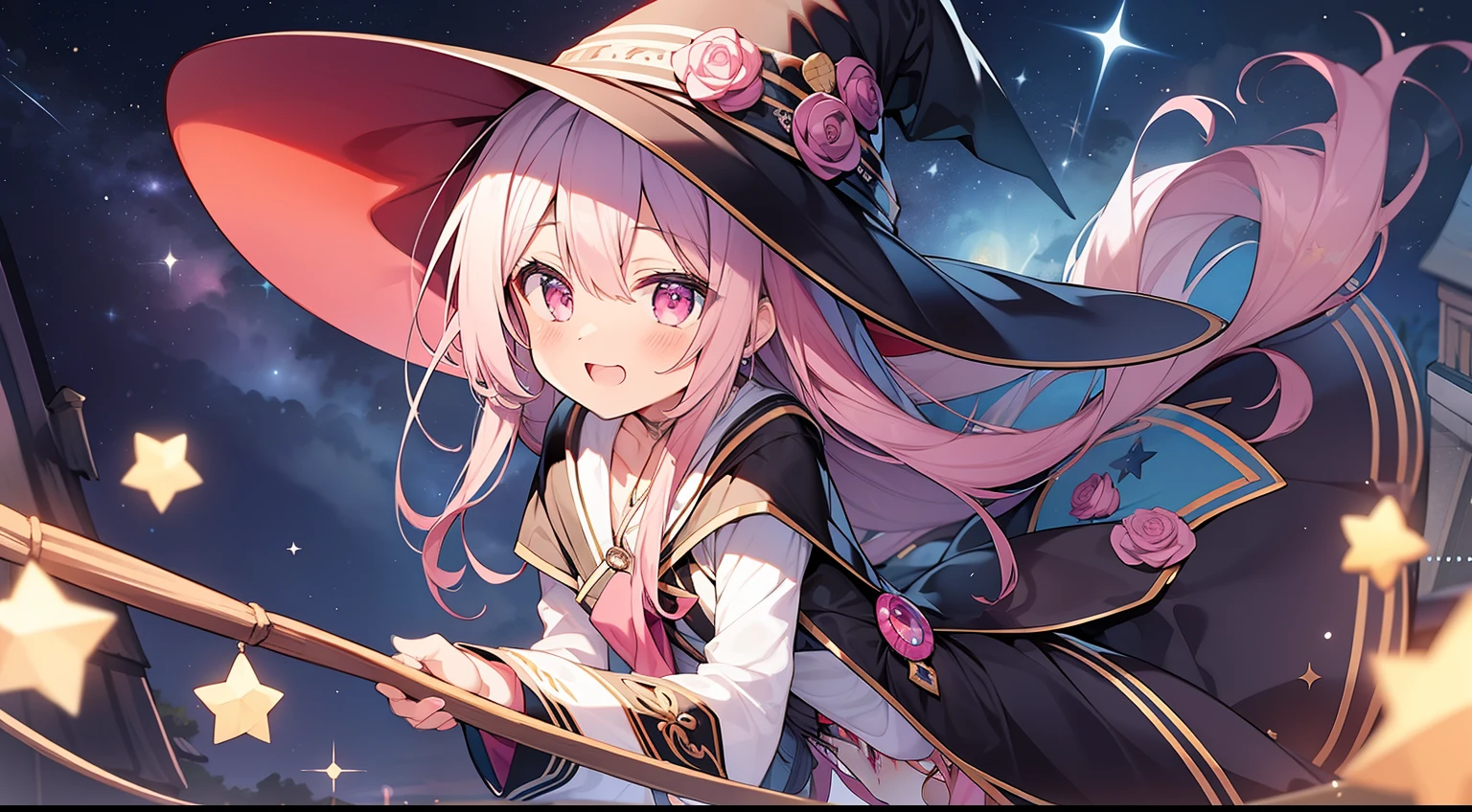 broom riding、witch outfit、witch's hat、natta、starrysky、Beautiful starry sky、masterpiece、top-quality、Top image quality、cute little、On pink、Long、Pink eyes