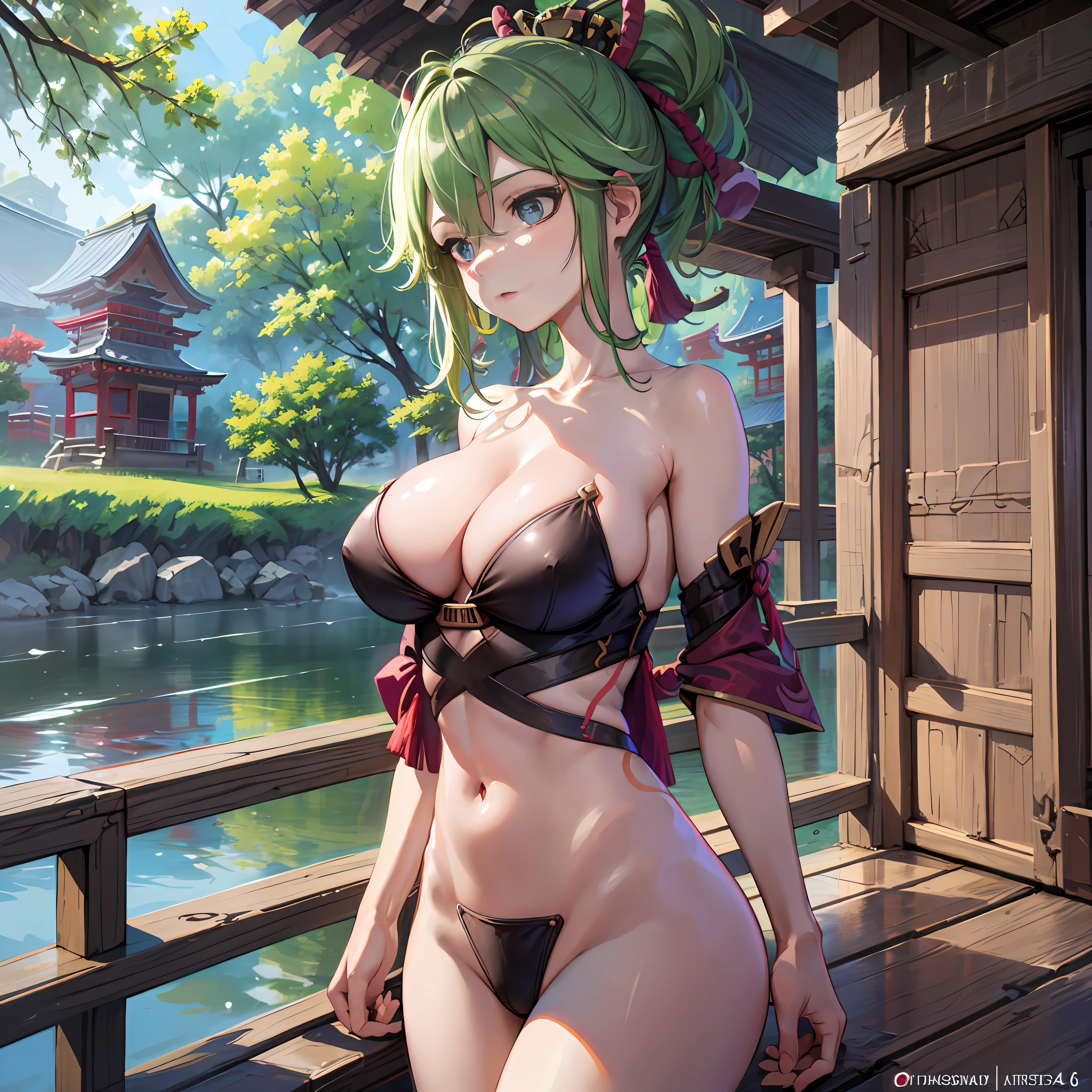 Kuki Shinobu Genshin Impact, Whole body, (NSTDA.:1.2), (10, beste-Qualit, master-piece: 1.4), ultra-high resolution, (lifelike, photorealistic portrait: 1.48), 20 age, Cute Girl, Nude, Famous Japanese actors, gigantic breasts, Blue Eyes, Head tilt, cowboy shot, from the side, looking at the audience, expressionless, Beautiful lake, Zeiss 150mm F/ 2.8 Hasselblad, In Japanese shrines, Whole body, foot, Ultra-Wide Angle