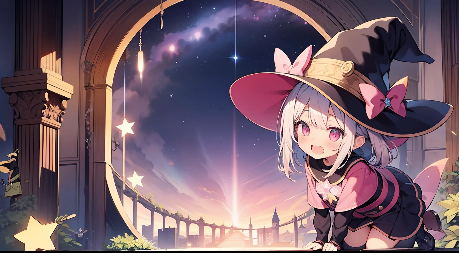 broom riding、witch outfit、witch's hat、natta、starrysky、Beautiful starry sky、masterpiece、top-quality、Top image quality、cute little、On pink、Long、Pink eyes