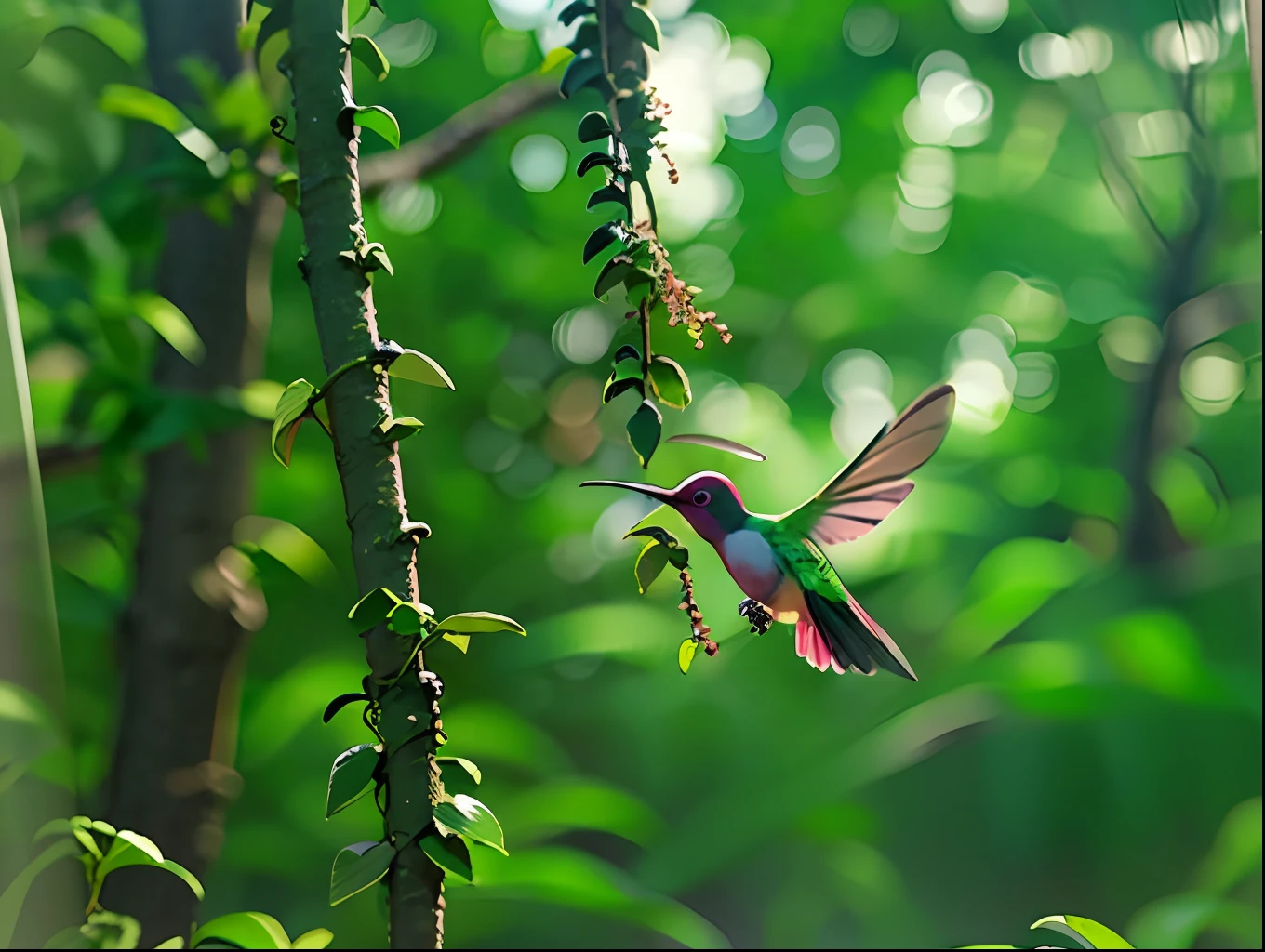 Close-up photo of hummingbirds in the enchanted forest，clean backdrop，depth of fields，largeaperture，photography of，during night，glowworm，volume fog，Halo，blooms，Dramatic atmosphere，at centre，the rule of thirds，200 mm 1.4F macro shooting