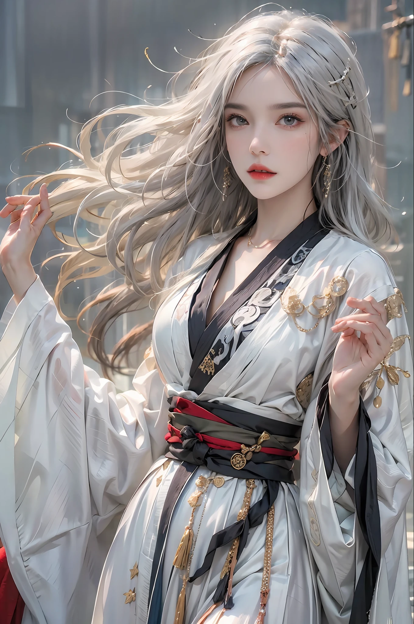 photorealistic, high resolution, 1women, solo, hips up, look at viewer, (detailed face), white hair, long hair, Taoist robe,oversized clothes, jewelry, midjourney portrait