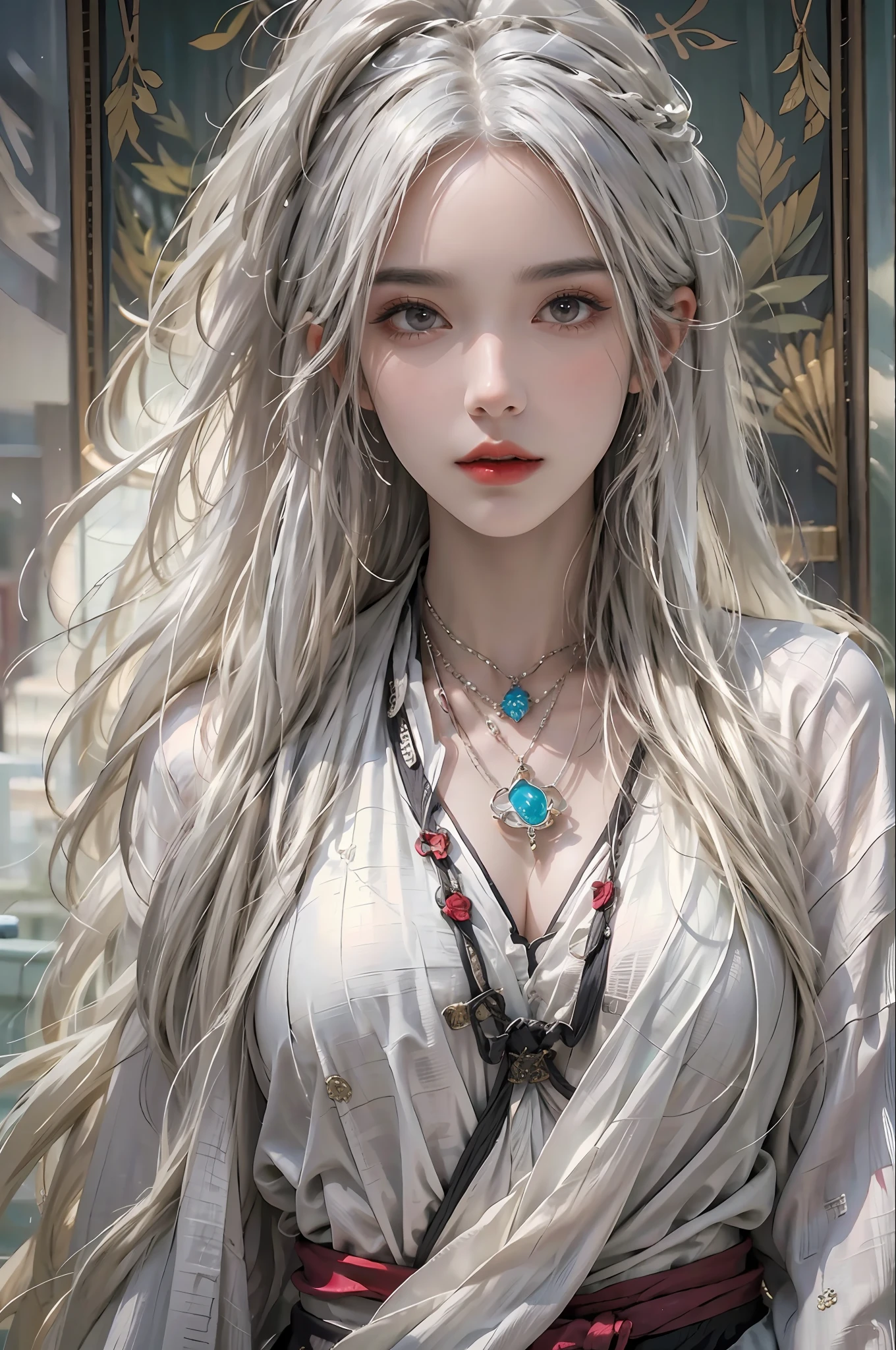 photorealistic, high resolution, 1women, solo, hips up, look at viewer, (detailed face), white hair, long hair, Taoist robe,oversized clothes, jewelry, midjourney portrait
