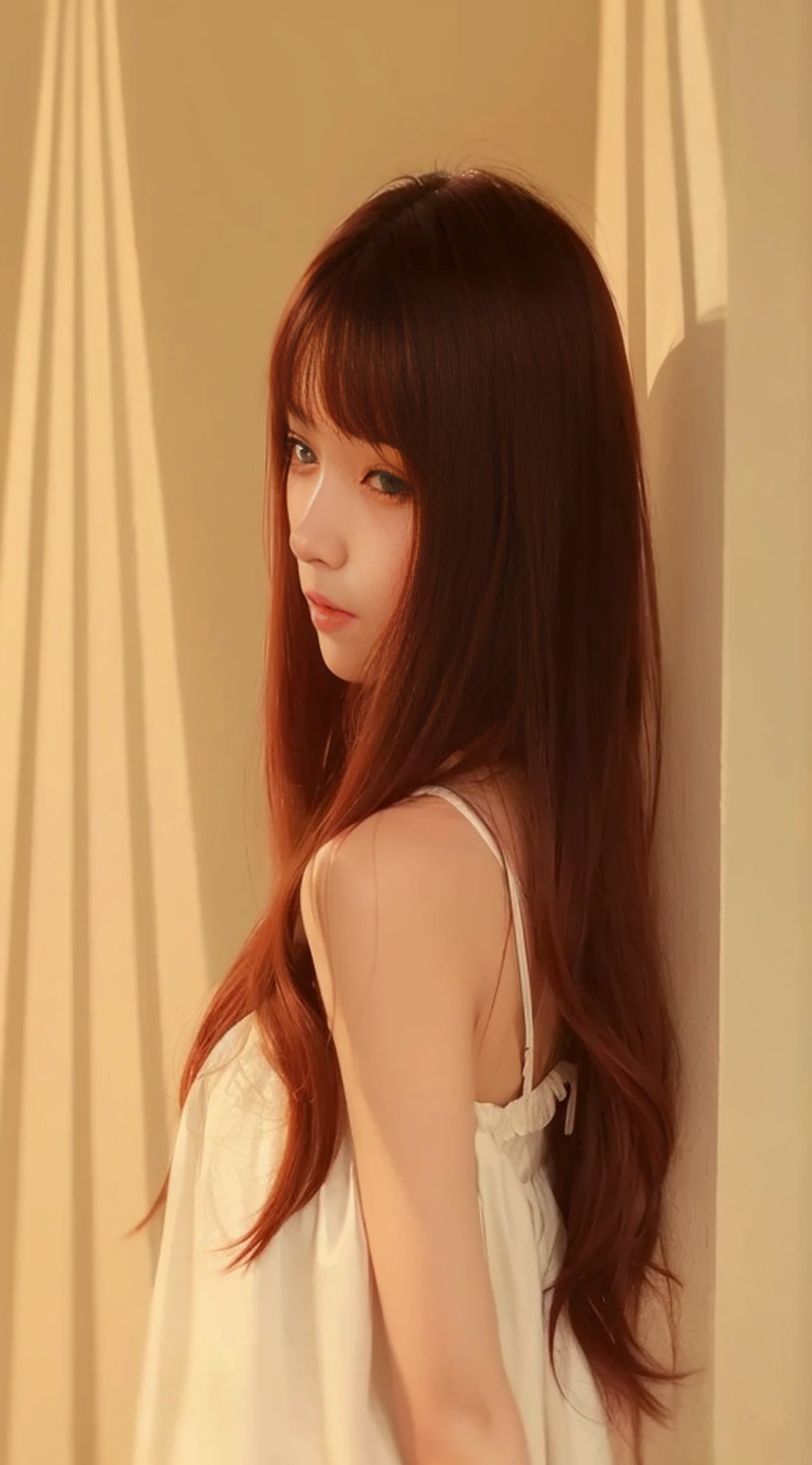 Araved woman with long red hair leaning against the wall, long whitr hair，Thick bangs, Long hair with bangs, lalisa manobal, ulzzangs, Long white hair and bangs, sun yunjoo, Brown hair long，By bangs, long glowing ethereal hair, ilya kuvshinov with long hair, With long hair, white hime cut hairstyle