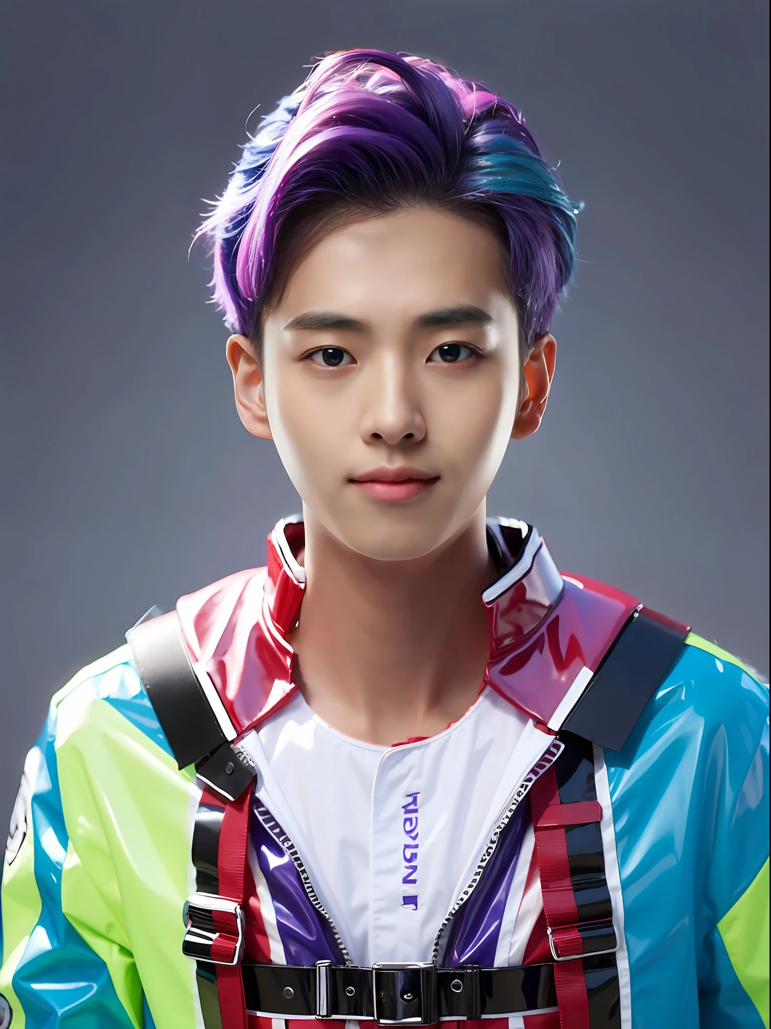 A -yeld mahigh school student，Wearing PVC red race outfit，Purple-cyan hair is slightly curly