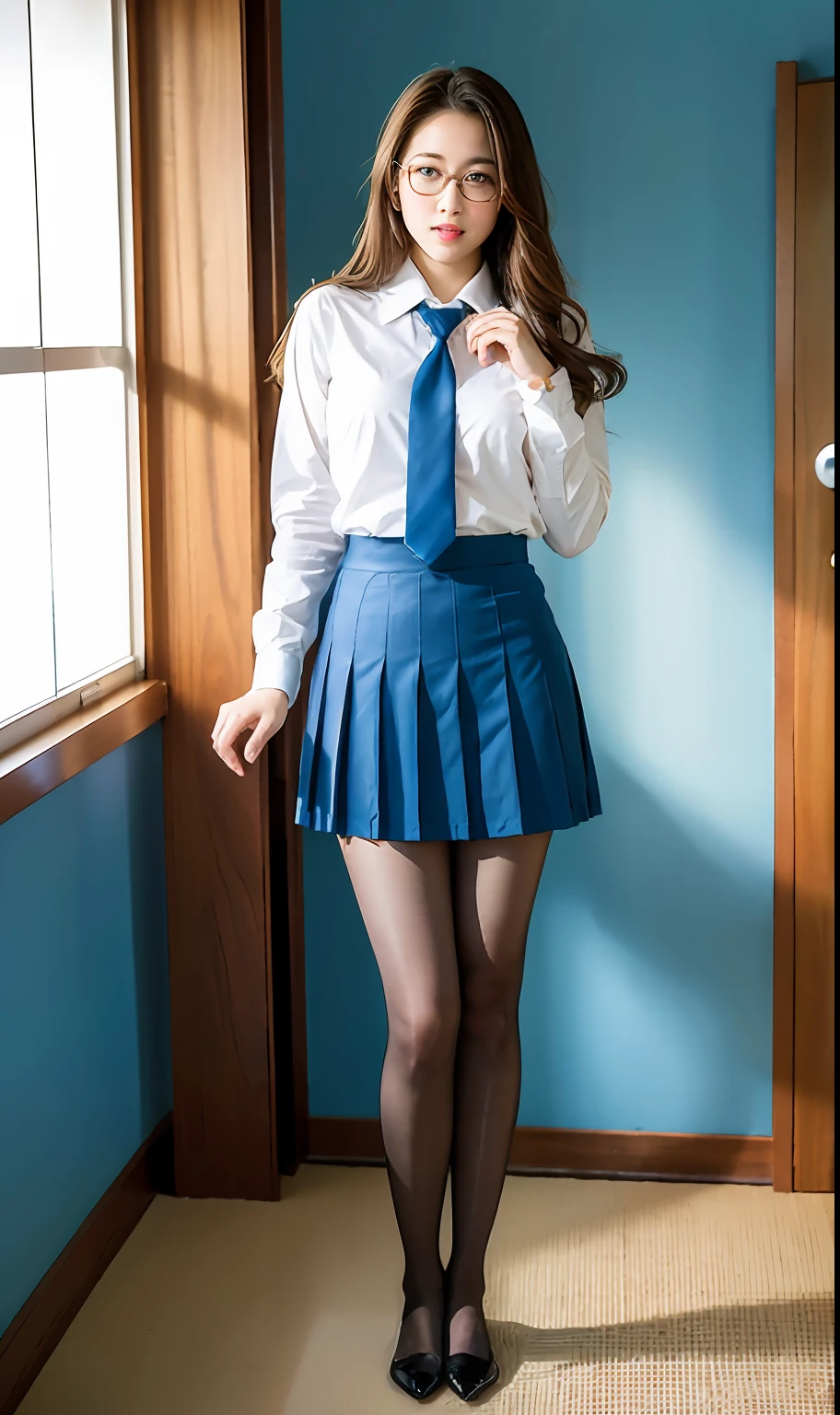 Full body view, feet in view, no shoes, ulzzang-6500-v1.1, (Raw photo:1.2), (Photorealistic:1.4), Beautiful detailed girl, Very detailed eyes and face, Beautiful detailed eyes, Ridiculous, Incredibly ridiculous, Ultra detailed, High resolution, Very detailed, Best quality, Masterpiece, ((Japan girls' high school uniform)), nerd, glasses, pantyhose, no shoes, hanger bedroom, by the window and outside the blue sky, unified, 8k wallpaper, fantastic, fine detail, masterpiece, top quality, highly detailed cg uniform 8k wallpaper,movie lighting, 16 year old girl, (dynamic pose))), (camel toe), (standing upright)), no shoes