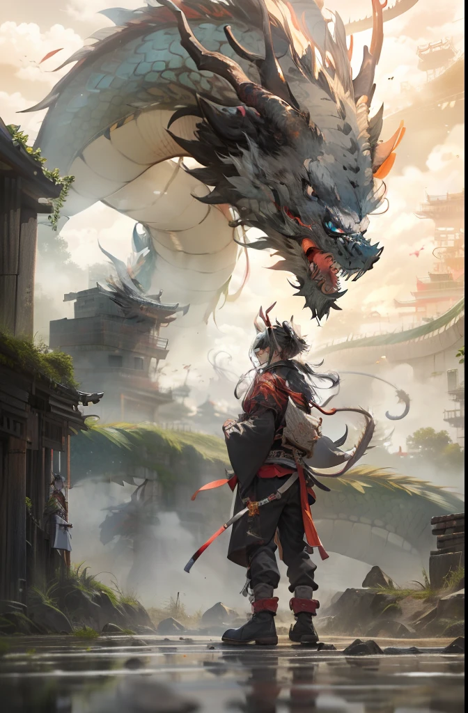 chinesedragon, dragon, eastern dragon, weapon, sword, holding, holding weapon, 1boy, long hair, cloud, standing, holding sword, architecture, reflection, blood, east asian architecture, male focus, sky, ponytail, black hair, katana, outdoors, pants, fire, cloudy sky, horns, japanese clothes, bandages, sheath, looking at viewer, mask, solo