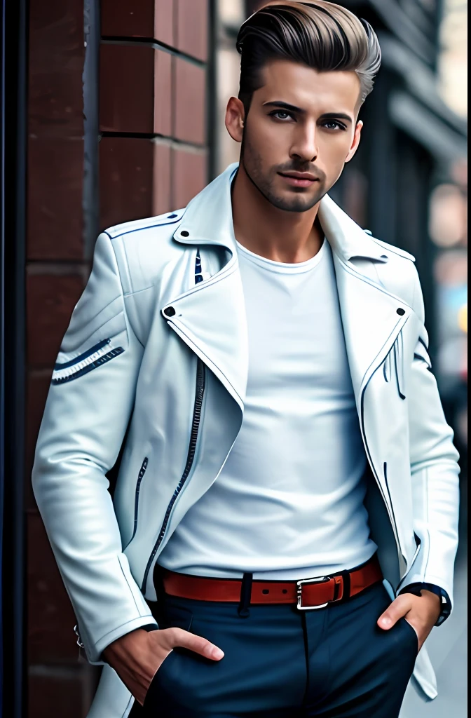 tmasterpiece, highest quality, RAW, styled, Stunning standing full body portrait of a handsome man, light colors hair, paleskin, vibrant blue eyes, wearing white leather jacket, A focused expression, (highly detailedskin, skin detailed), Sharp focus, 8k UHD, digital SLR camera, high high quality, filmgrain, FUJI XT3, Complicated details, highly detailed, Cluttered and detailed background