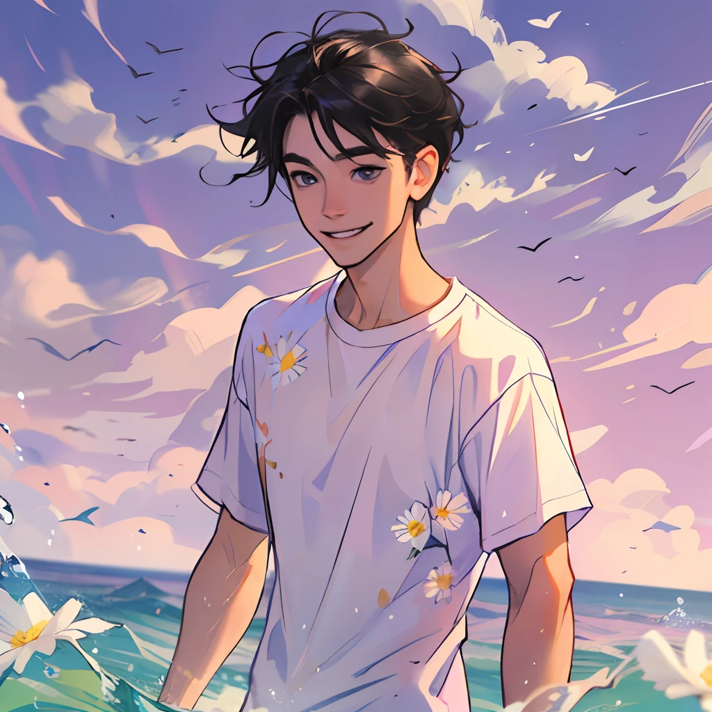 A boy with，age 22，Handsome and cute，with short black hair，Wearing a white T-shirt，There is a small daisy print on the clothes，smiling and looking into the camera。He stood in the sea，The hair is blown by the wind，The background is a pink-purple sky。Please draw this scene in Miyazaki's style。