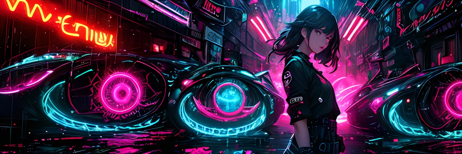 (masterpiece、top-quality、top-quality、Official art、ighly detailed、Beautifully Aesthetic:1.2)、(1girl in)、(Fractal Art:1.3)、Random hairstyle、Random hair color colorful、FULL BODYSHOT、(CyberpunkTThe shirt)、animesque、head-mounted displays、neon light detail、Intuitive、City of the Future、sharp、Precise focus、randome pose、cyberpunkcity、street neon lights、insta photo、photo of the year、cinema4d、Dramatic、