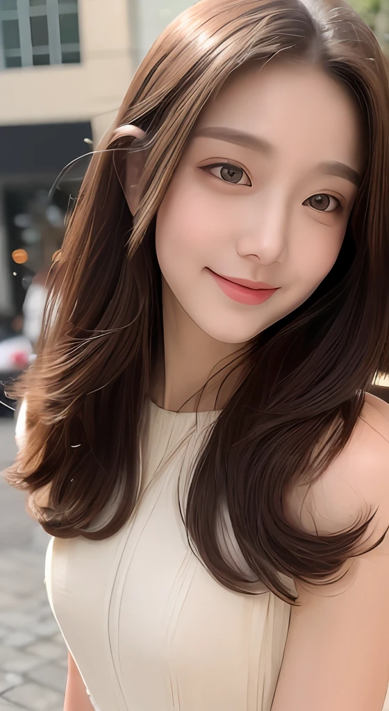 ((Best quality, 8k, Masterpiece :1.3)), 1girl, smiling, full body, slim face, Pretty woman, (Dark brown hair), full length dress :1.1, Ultra-detailed face, Detailed eyes, Double eyelid, blur background, slim face, city, outside, street,