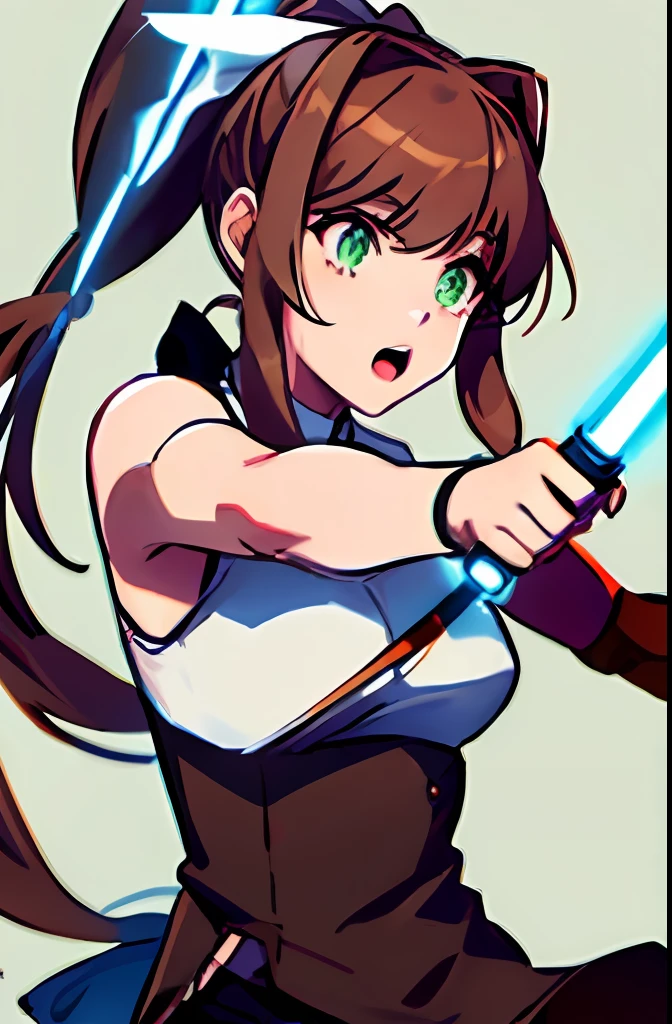 solo monika, green eyes, brown hair, very long hair, ponytail, hair ribbon, white ribbon showcasing her skills with a lightsaber swinging