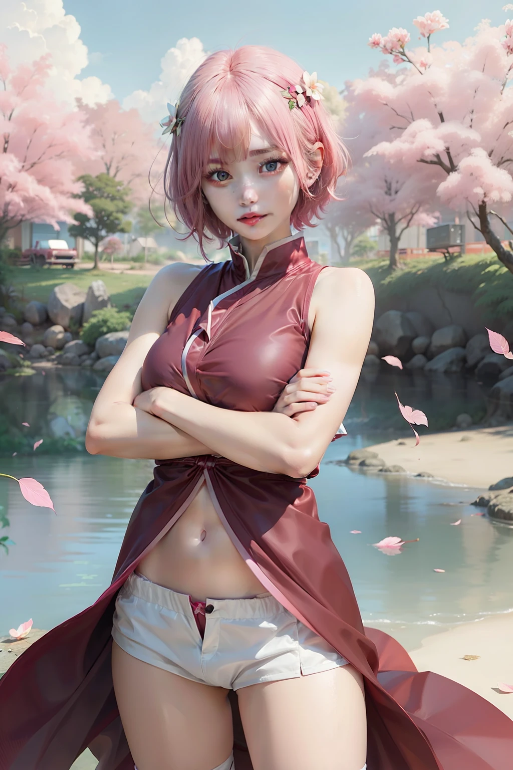 1girl, haruno sakura, pink hair, short hair, green eyes, red clothes, big breasts, jungle background, realistic, ultra detail