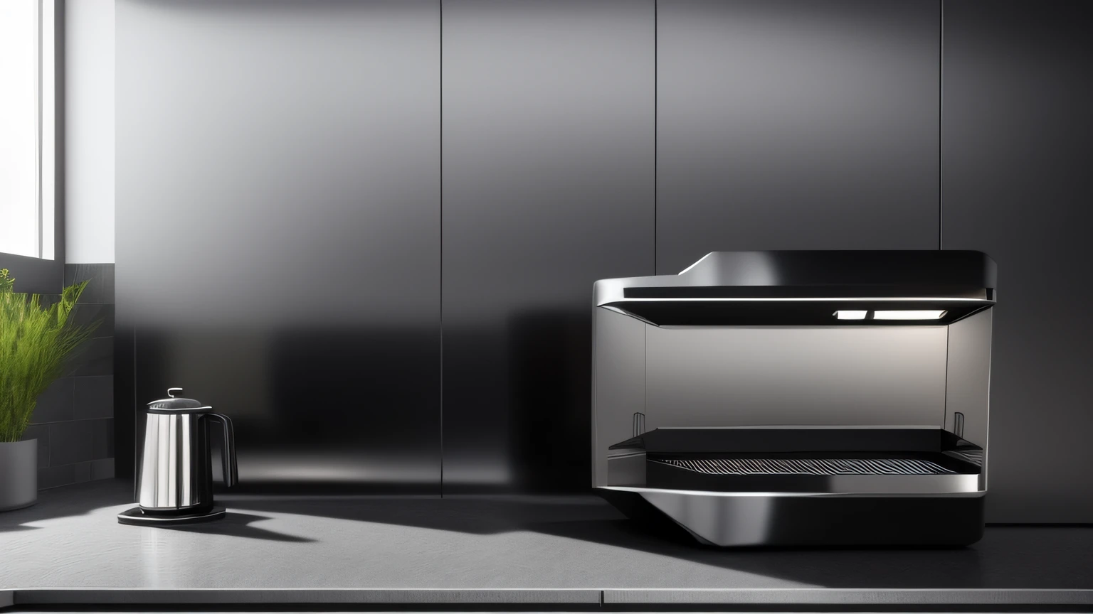The kitchen counter has a black and silver coffee machine,Black and white countertops,Black and silver countertops,Dalof Ipukar,unreal engine rendered,computer render,hyper photorealism,