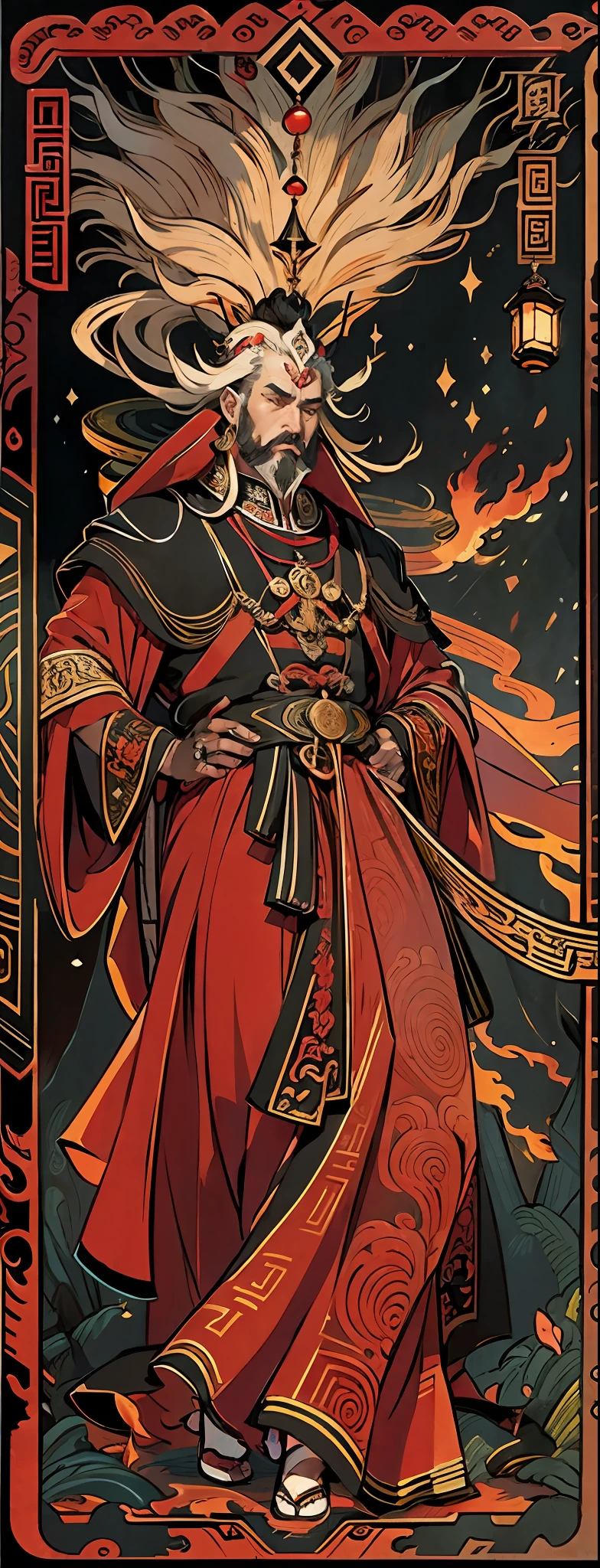 (tarot cards:1.4),Chinese mythological figures,(((Strong man,(flaming hair:1.4),Wide black and red robes))),China-style,Intricate textured borders,high qulity,super-fine,Detailed pubic hair,Accurate,(tmasterpiece),Works of masters,(16K resolution),Light and dark are intense,dynamic viewing angle