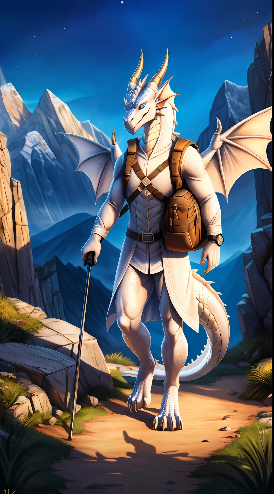 drak，Dragon tail，faucet，Dragon claws，Height 196，Dragon's horn，The body is mainly white，filigree，finely detailed paws，Smile with your mouth open，Only wearing a white coat，Map in one hand，Trekking poles in one hand，In the wild，ambient lights，Blue vertical pupils，full bodyesbian，White dragon wings，Fine scales，A detailed，extremely detaile，Ray traching，Fine shadows，The best shadow，tmasterpiece，8k，High- sharpness，Ultra-detailed and ultra-high image quality，Wearing a watch，Carrying a hiking bag，sitted，Erected tents，early evening