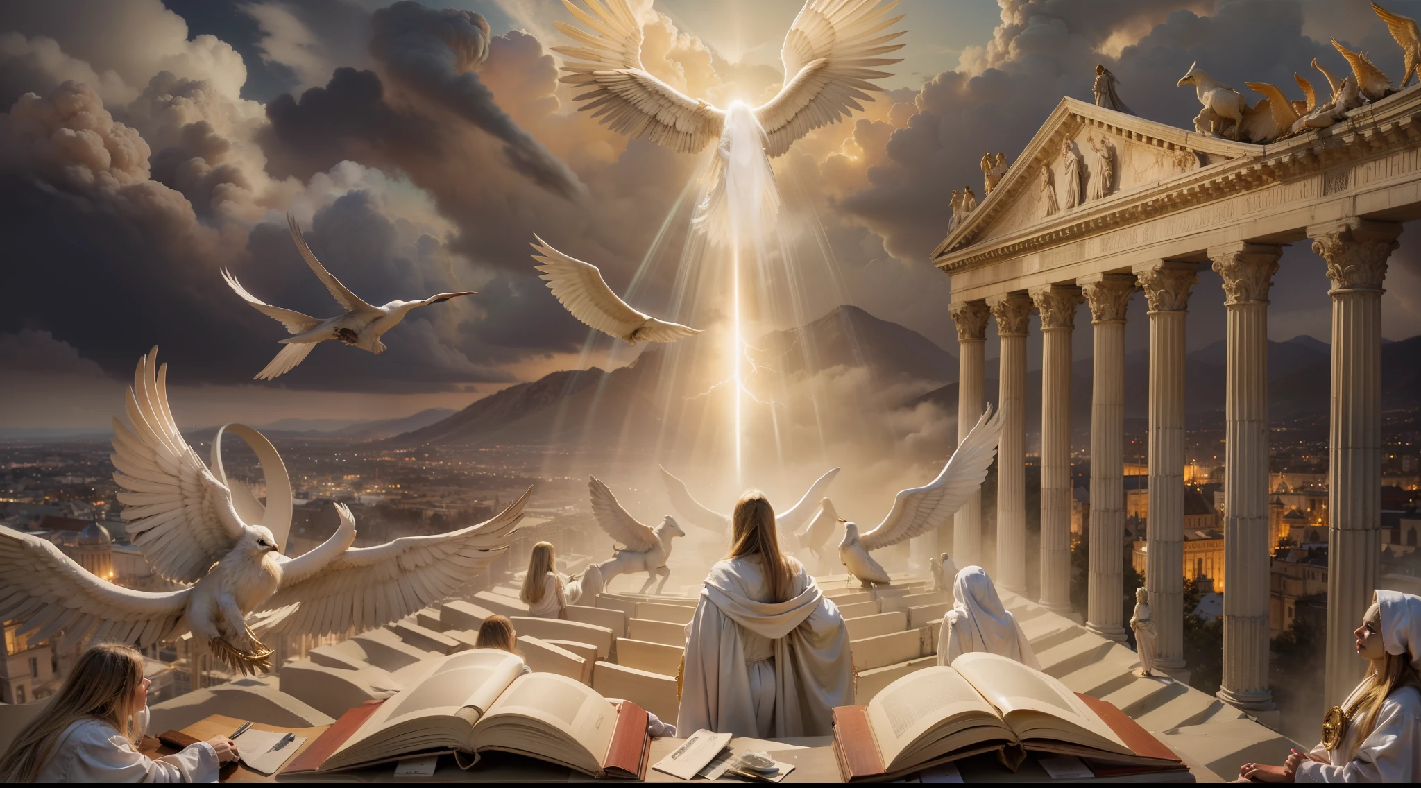 A stunning image depicting the Doomsday scenario, conforme descrito em Apocalipse 20:11. O trono branco onde Jesus se senta se destaca no centro da cena, surrounded by white clouds and lightning, simbolizando a majestade divina. Powerful angels are present, solemnly watching the opening of the books, representing the records of each individual's actions. an untold crowd of people, aguardando seu destino eterno. The mood is one of reverence and awe before the divine justice that will be established.