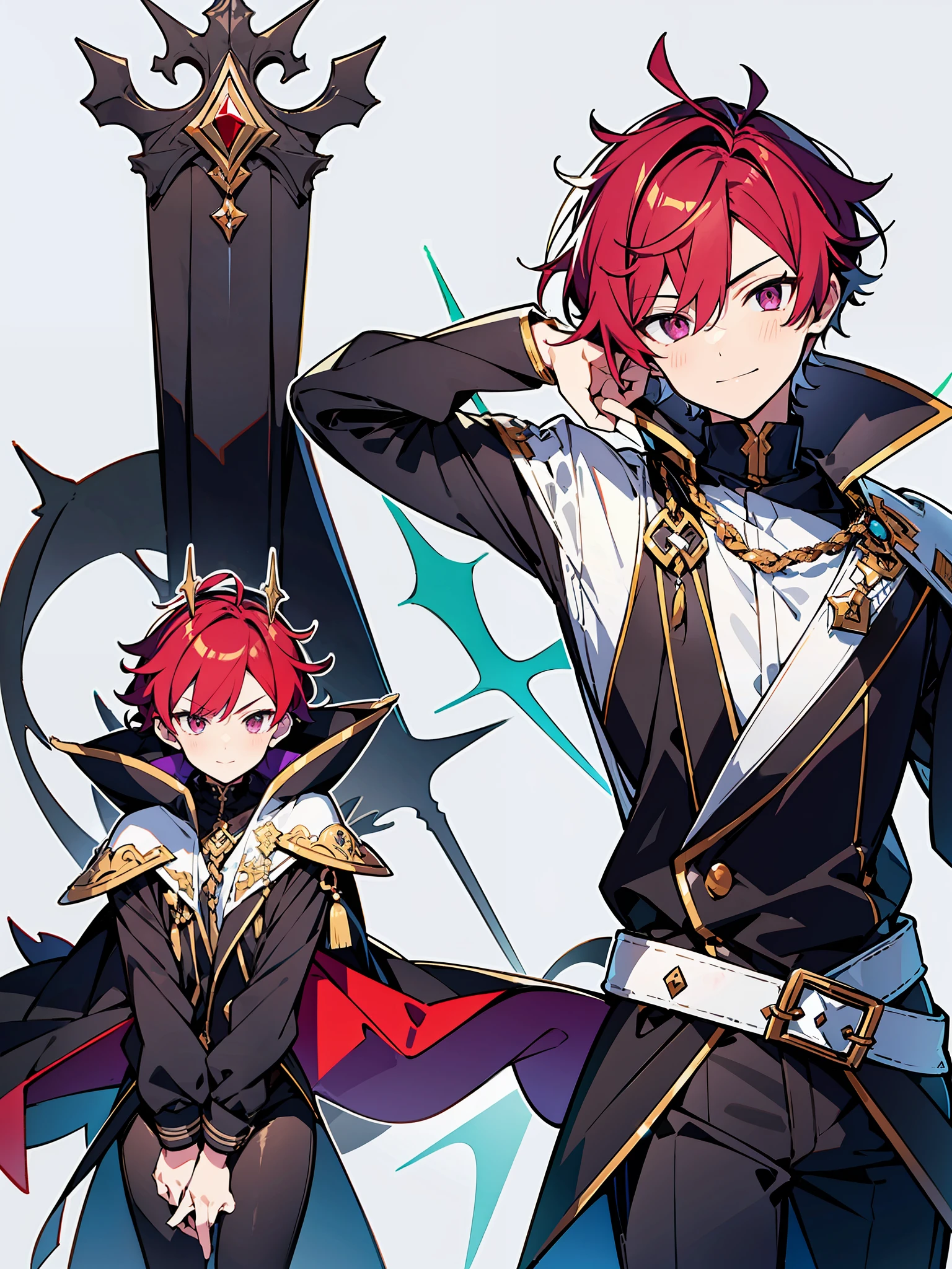 1boy,solo person,soio,Libido boy,shoun,shorter pants,Cloak,Dragon anthropomorphism,White color hair,A strand of red hair,Red-black eyes, Purple-black tights,ssmile,musculature,There is a black collar around the neck,Protruding underparts,unholy,depraved,Purple-black leggings,The upper part of the body,Place your right hand in front of your left hand,white colors