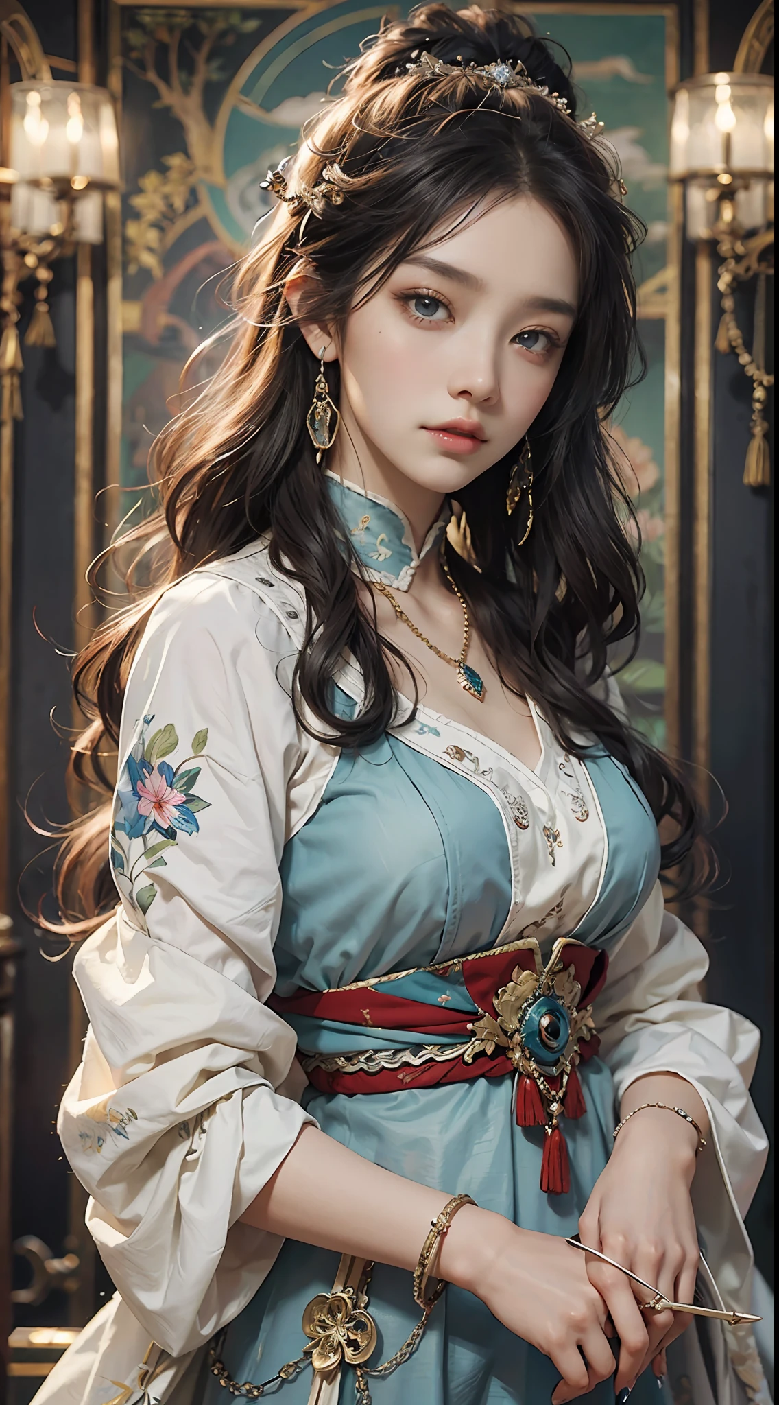 hightquality、masterpiece、masterpiece、Exquisite facial features、Exquisite hair、exquisite eyes、exquisite colored hair、4K picture quality、Gorgeous light and shadows、Tindall Effect、The halo、hair messy、Young state、gorgeous scene、exquisite clothing、chain、pluma、Ancient Chinese beauty with big eyes very detailed、digitial painting、art stations、concept-art、foco nítido、illustratio、Art by Gregg Lutkowski and Alphonse Mucha and Victor Ngai、Diamond personification、Pedras preciosas、Dazzling brilliance、(masterpiece、top-quality、hight resolution: 1.4)、More about realism、intricate-detail、4K、color splashes、line-drawing、Fibonacci、