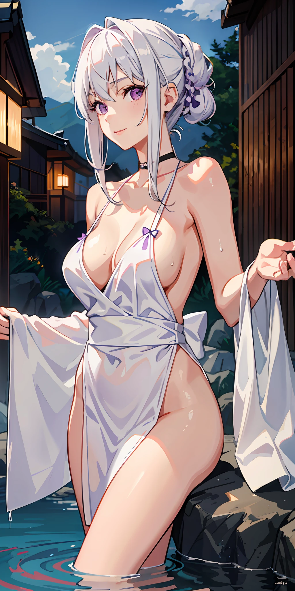 1girl, white hair, purple eyes, portrait, realistic, towel, (onsen), sidelighting, wallpaper, nsfw,