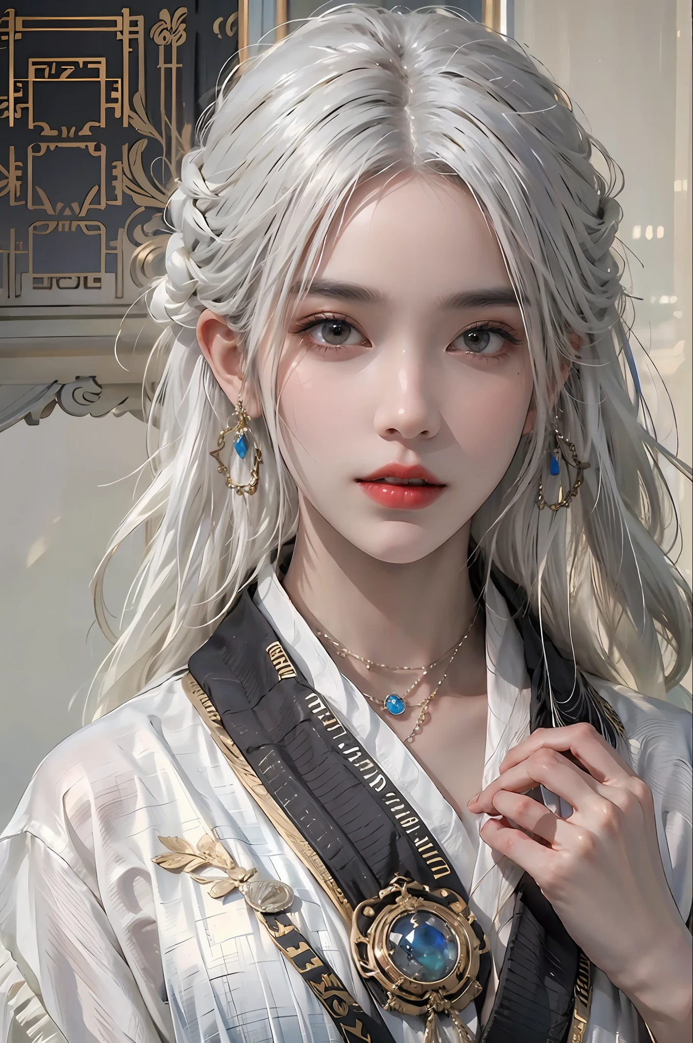 photorealistic, high resolution, 1women, solo, hips up, look at viewer, (detailed face), white hair, long hair, Taoist robe,oversized clothes, jewelry, midjourney portrait