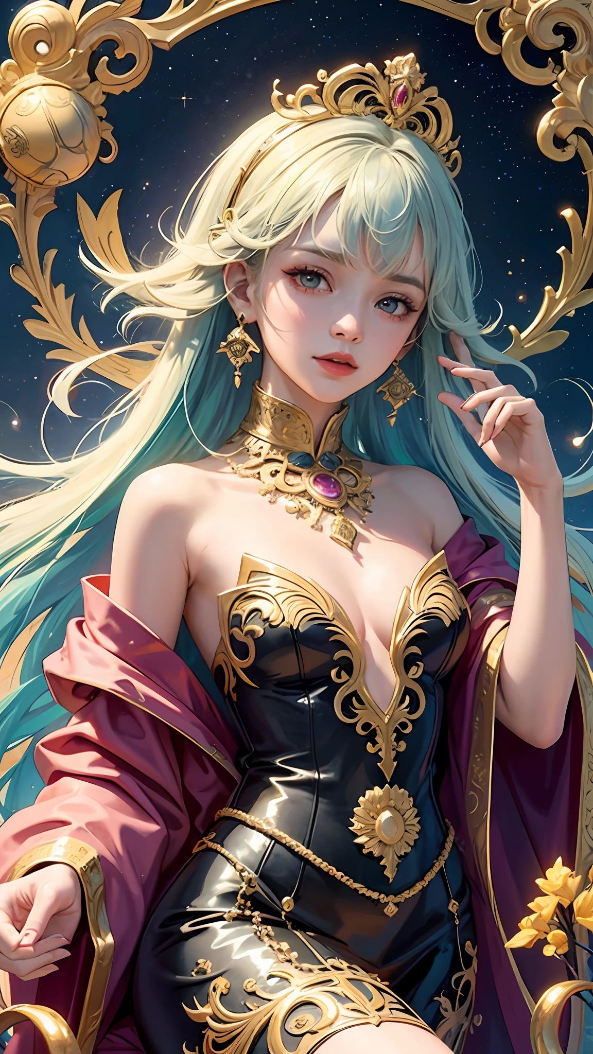 PerfectNwsjMajic,(masterpiece, top quality, best quality, official art, beautiful and aesthetic:1.2), (1girl), extreme detailed,colorful,highest detailed, official art, unity 8k wallpaper, ultra detailed, beautiful and aesthetic, beautiful, masterpiece, best quality, (zentangle, mandala, tangle, entangle) ,holy light,gold foil,gold leaf art,glitter drawing,