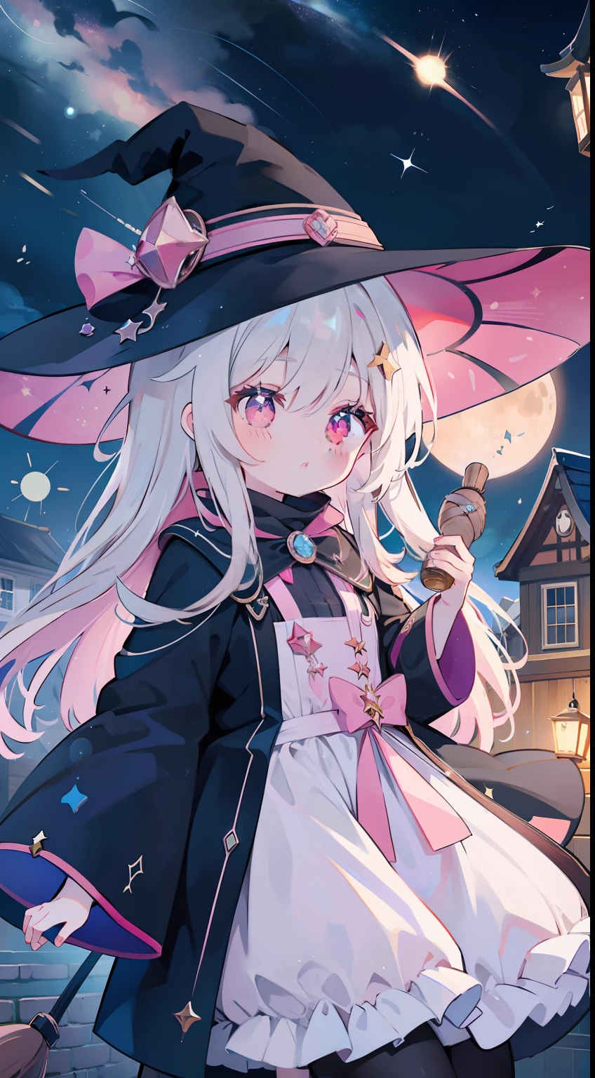 Broom ride、witch outfit、witch's hat、natta、starrysky、Beautiful starry sky、masterpiece、top-quality、Top image quality、cute little、pinkcolor、long、Pink eyes