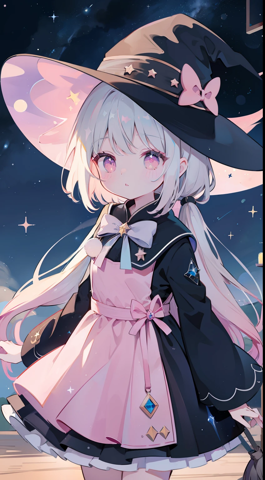 Broom ride、witch outfit、witch's hat、natta、starrysky、Beautiful starry sky、masterpiece、top-quality、Top image quality、cute little、pinkcolor、long、Pink eyes