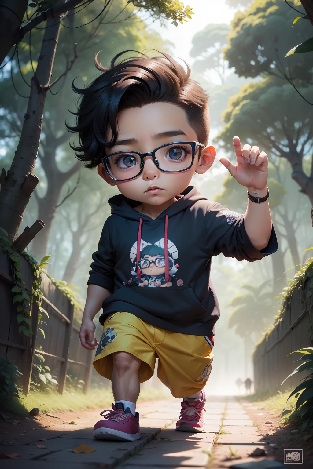 obra-prima, homem de oculos, nerd, studio illumination, estilo cartoon, chibi, correndo, fundo floresta, altamente detalhado