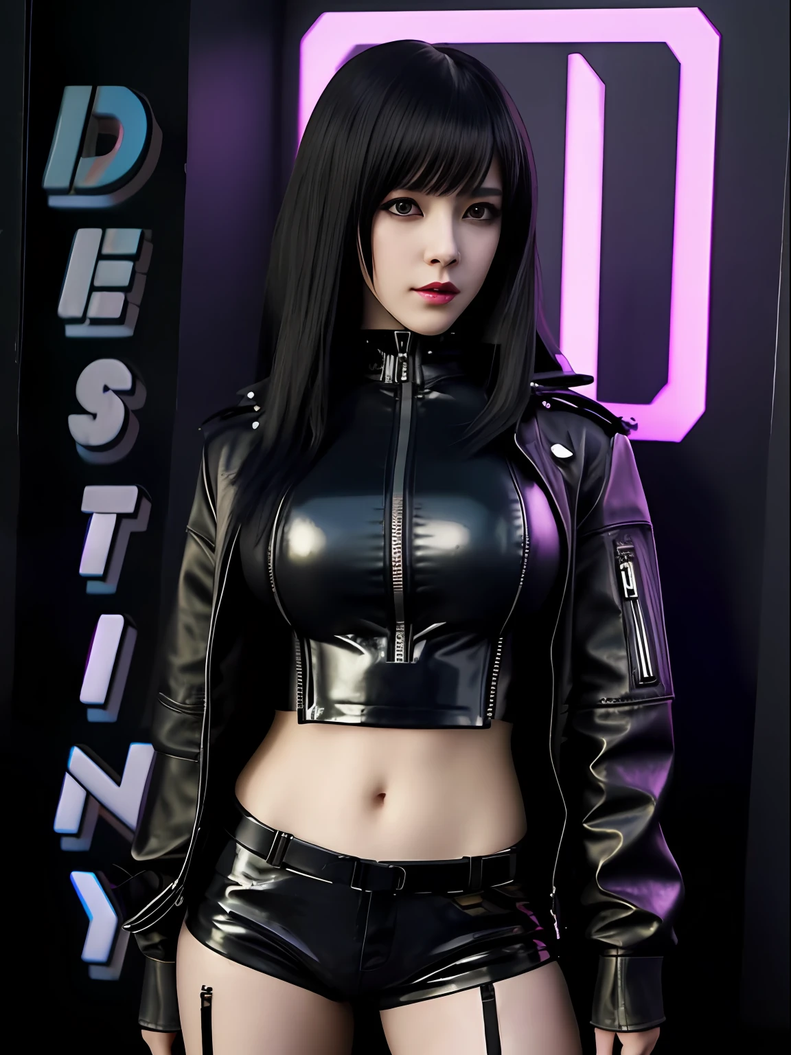Woman in black leather outfit taking selfie, female cyberpunk anime girl, Cyberpunk anime girl, with Cyberpunk style, dreamy cyberpunk girl, cyberpunk artstyle, Cyberpunk Girl, cyberpunk 2 0 y. o model girl, Cyberpunk outfit, jet black haired cyberpunk girl, cyberpunk atmosphere, digital cyberpunk anime art, cyberpunk atmosphere, ciberpunk: Evil Magnificent Goddess