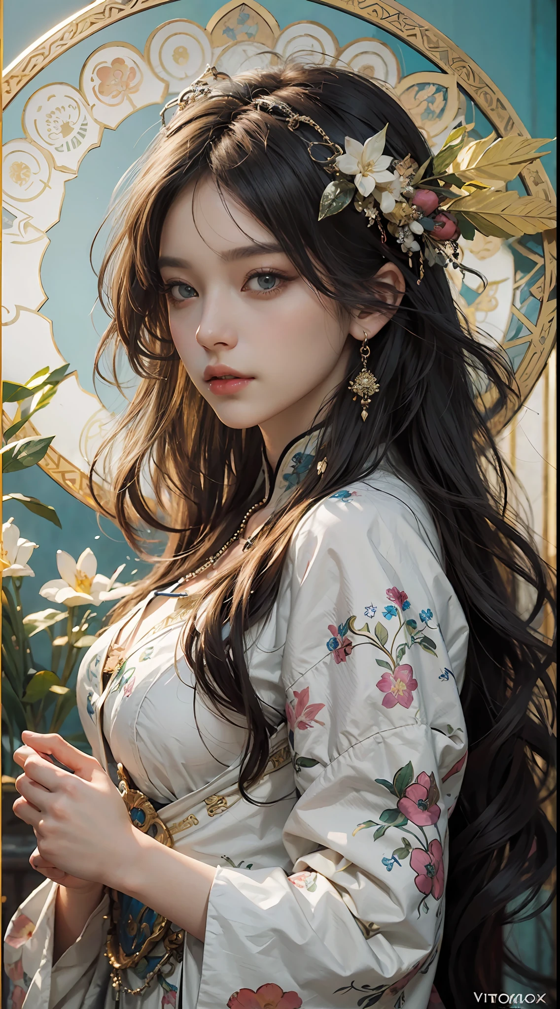 High quality, masterpiece, masterpiece, exquisite facial features, exquisite hair, exquisite eyes, exquisite color hair, 4K picture quality, gorgeous light and shadow, Tyndall effect, halo, messy hair, young state, gorgeous scene, exquisite clothes, chains, feathers, ancient chinese beauty with big eyes very detailed, digital painting, artstation, concept art, sharp focus, illustration, art by greg rutkowski and alphonse mucha and victo ngai