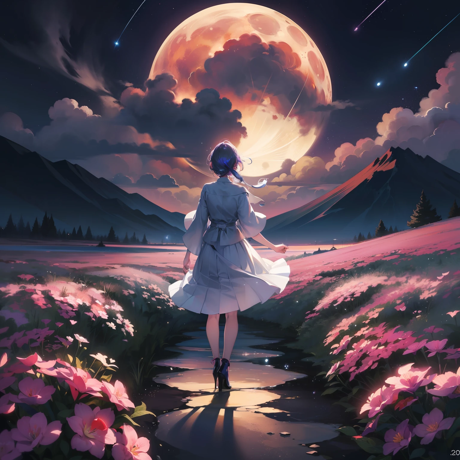 Vast landscape photos、（View from below with a view of the sky and the wilderness below）、20 year old woman in business suit standing in flower garden、look up to、Flowing in the wind(long pleated skirts),(10cm High Heels),posterior view,（fullmoon：1.2）,(((There are two full moons))),（shooting stars：0.9）、（nebulas：1.3）、mountain in the distance、Tree Break Production Art、(Warm color light source:1.2)、(fireflys:1.2)、abajour、Purple and orange、intricate detailes、Volume Lighting、Realism Break (​masterpiece:1.2)、(top-quality)、4K、Ultra-Details、(The composition of the movement:1.4)、Very detailed and colorful details、(Iridescent colors:1.2)、(Glowing lighting、Atmospheric lighting)、dream-like、Magical、(独奏:1.2)