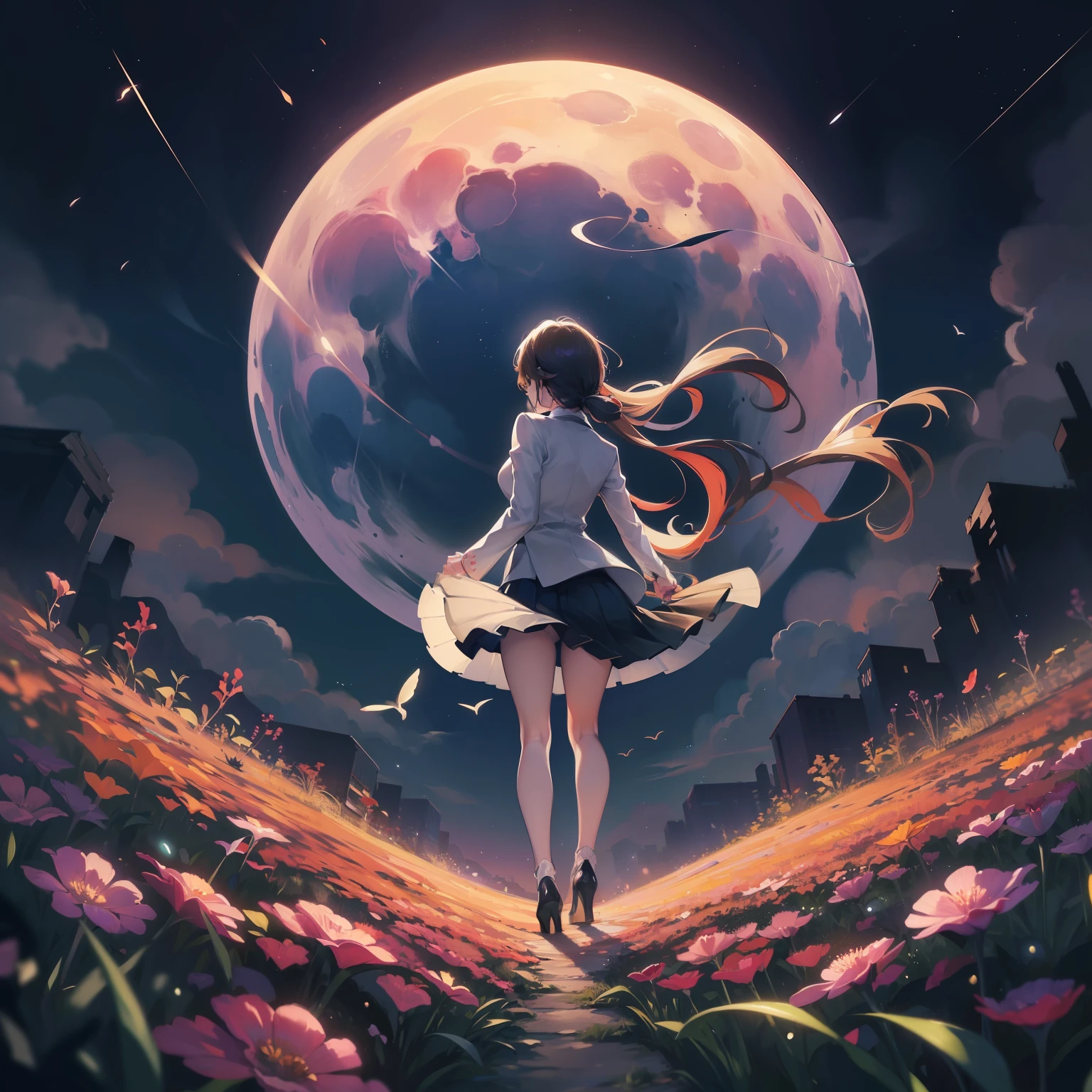 Vast landscape photos、(View from below with a view of the sky and the wilderness below)、20 year old woman in business suit standing in flower garden、look up to、Flowing in the wind(long pleated skirts),(10cm High Heels),posterior view,(fullmoon:1.2),(((There are two full moons))),(shooting stars:0.9)、(nebulas:1.3)、mountain in the distance、Tree Break Production Art、(Warm color light source:1.2)、(fireflys:1.2)、abajour、Purple and orange、intricate detailes、Volume Lighting、Realism Break (masterpiece:1.2)、(top-quality)、4K、Ultra-Details、(The composition of the movement:1.4)、Very detailed and colorful details、(Iridescent colors:1.2)、(Glowing lighting、Atmospheric lighting)、dream-like、Magical、(独奏:1.2)