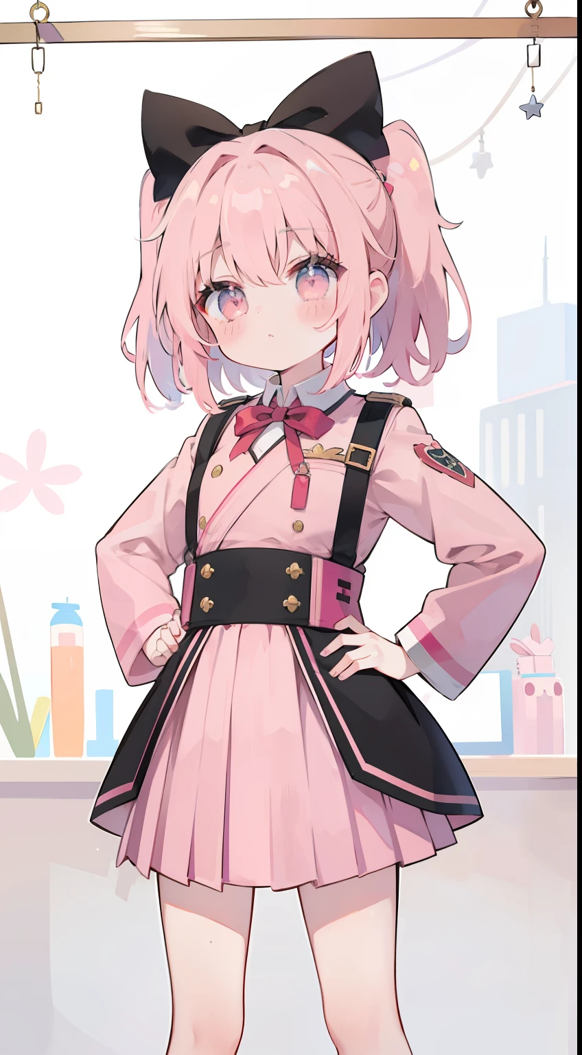 Chibi、Pink military uniform、skirt by the、bow ribbon、Straight face、happen、Hanging eyes、put hands on the hip、masterpiece、Top image quality、top-quality、cute little